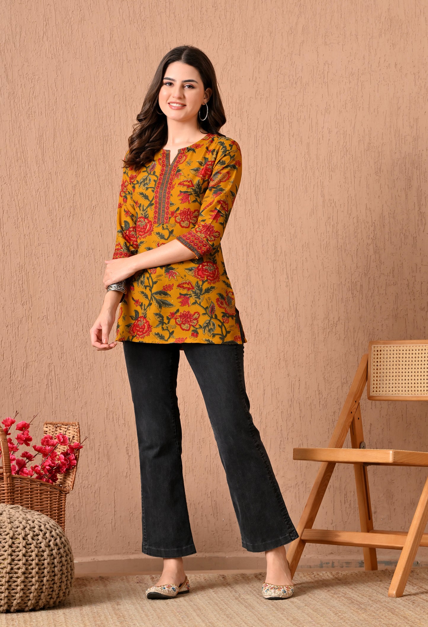 V-Neck Floral Printed Kurti