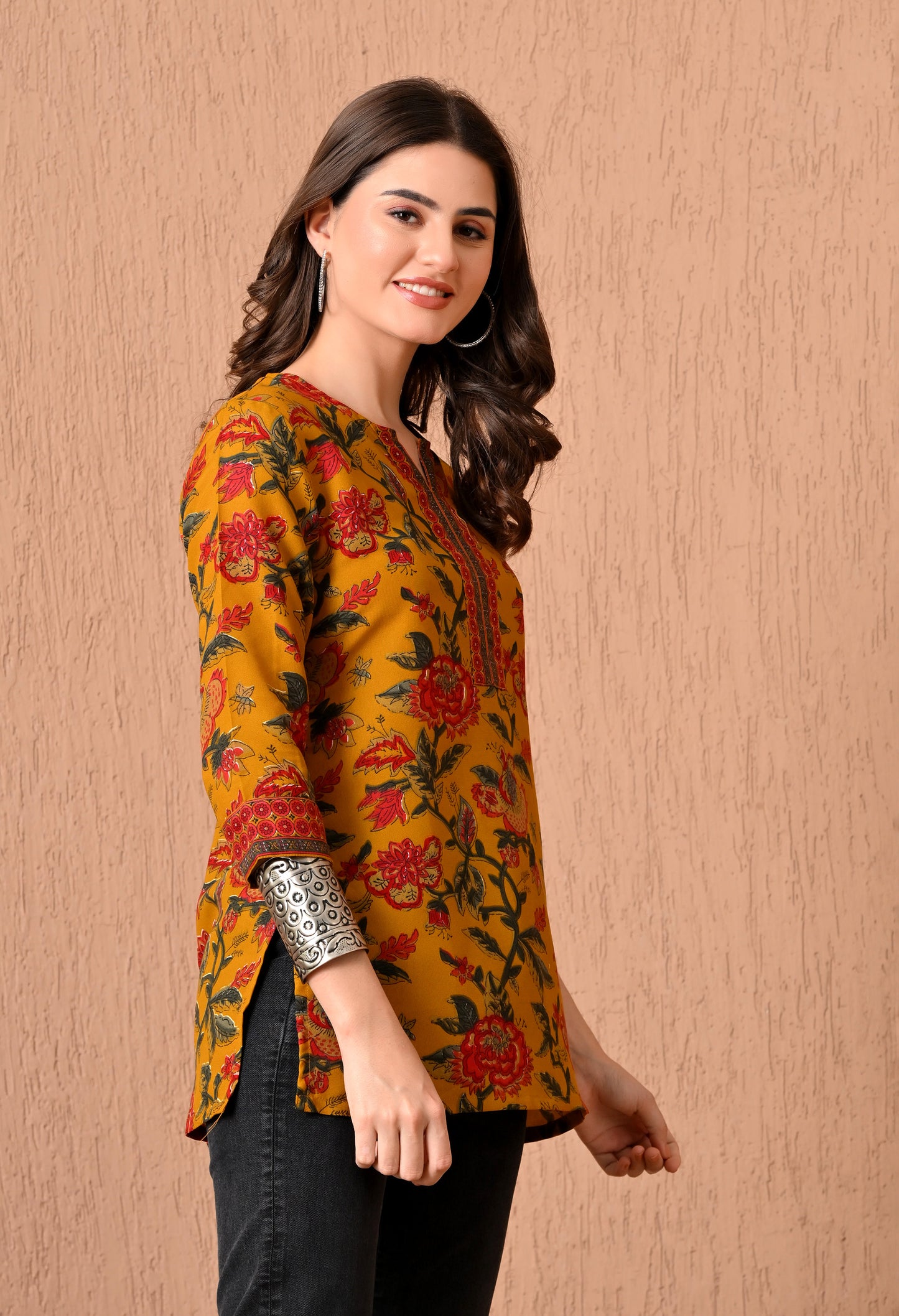 V-Neck Floral Printed Kurti