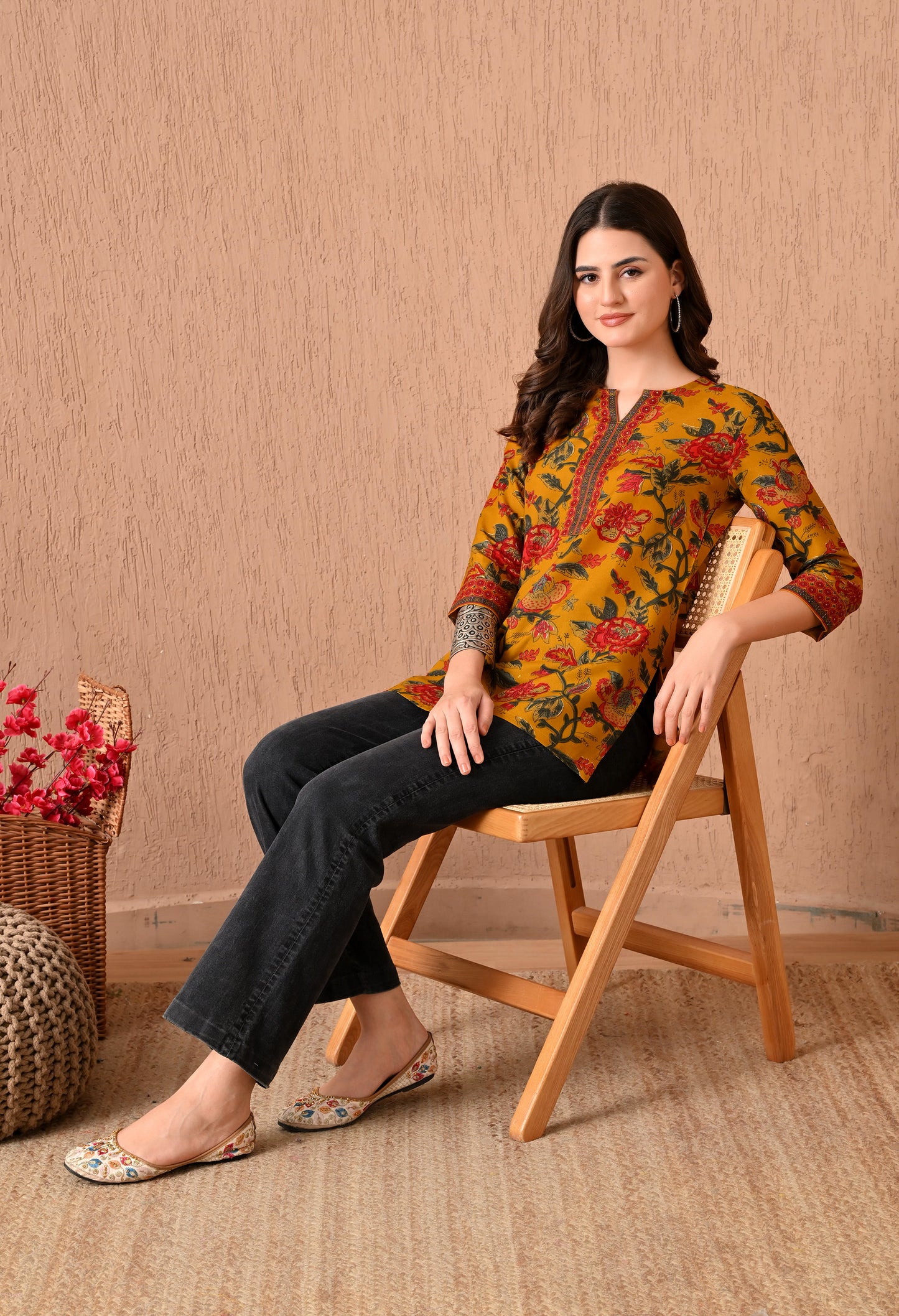 V-Neck Floral Printed Kurti