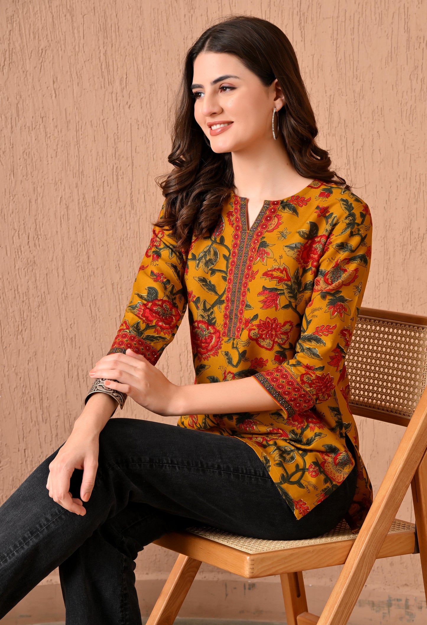 V-Neck Floral Printed Kurti