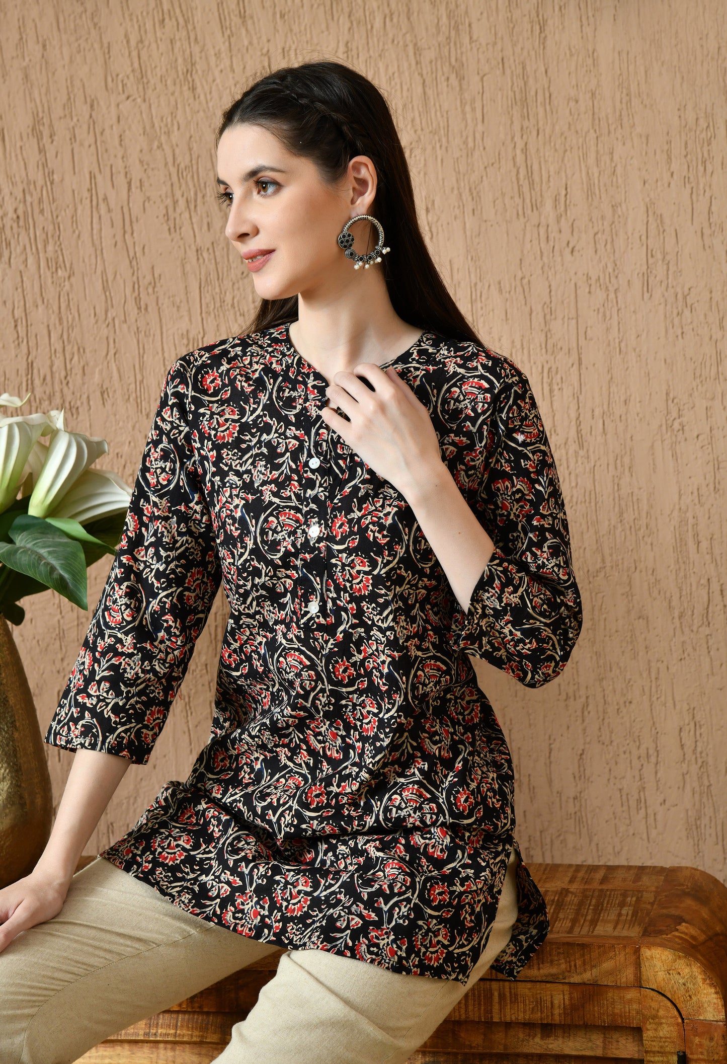 Floral Printed Mandarin Collar Pure Cotton Kurti