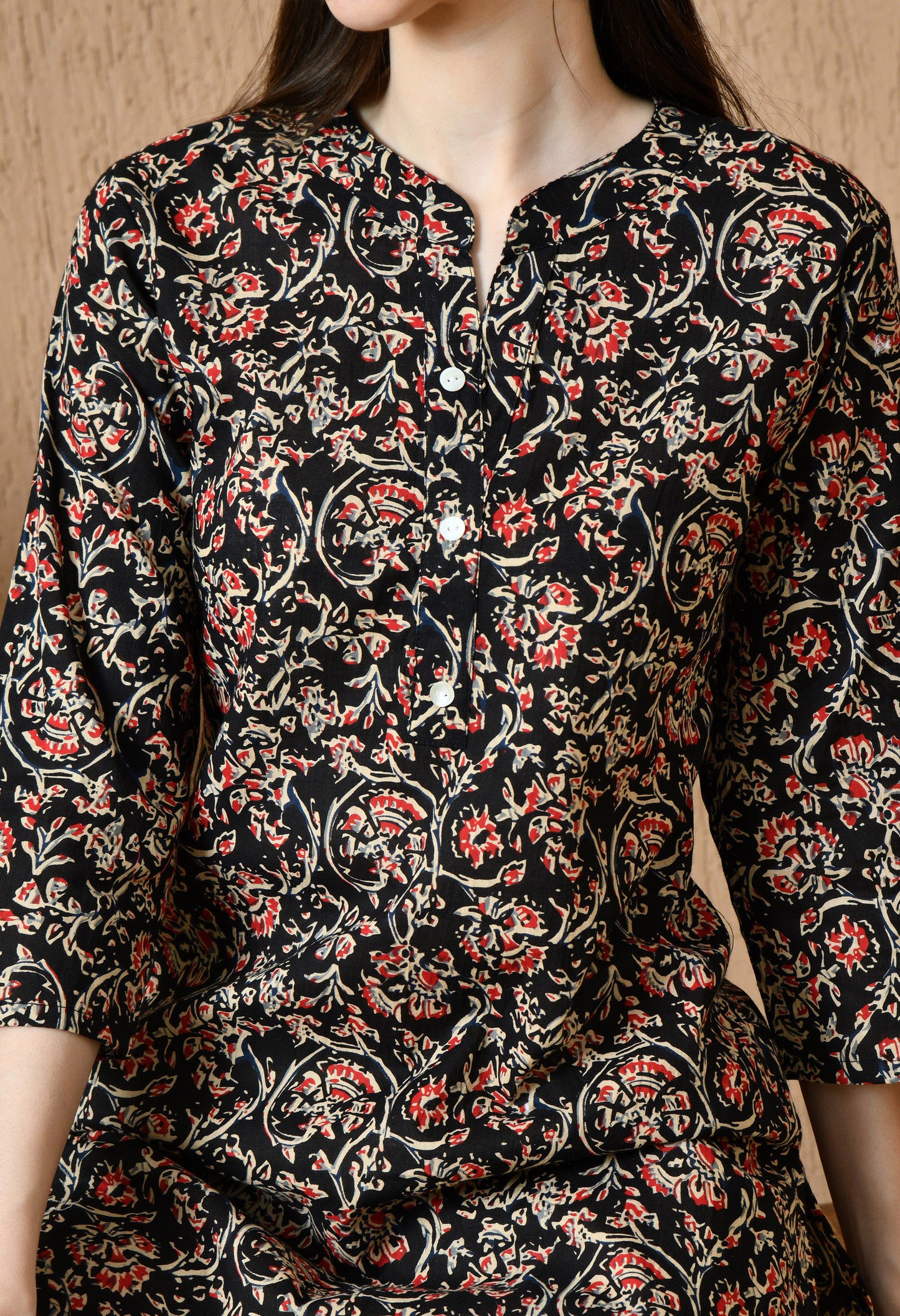 Floral Printed Mandarin Collar Pure Cotton Kurti