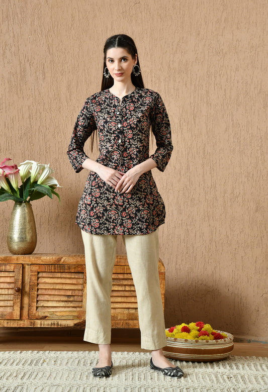 Floral Printed Mandarin Collar Pure Cotton Kurti