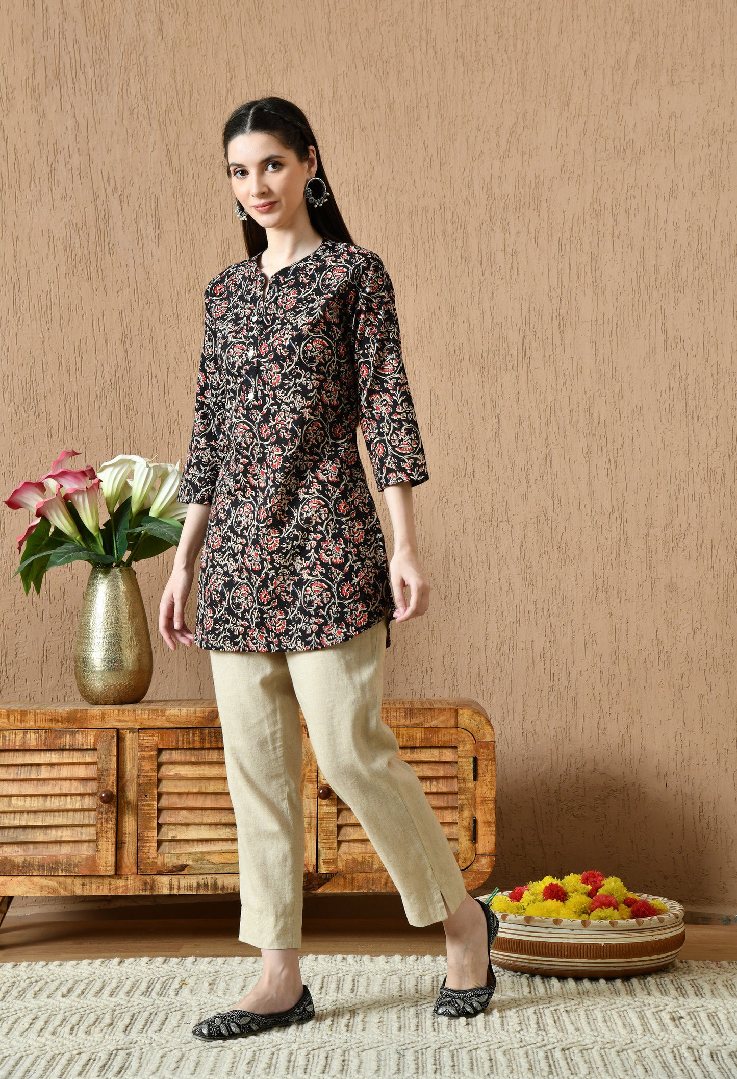 Floral Printed Mandarin Collar Pure Cotton Kurti