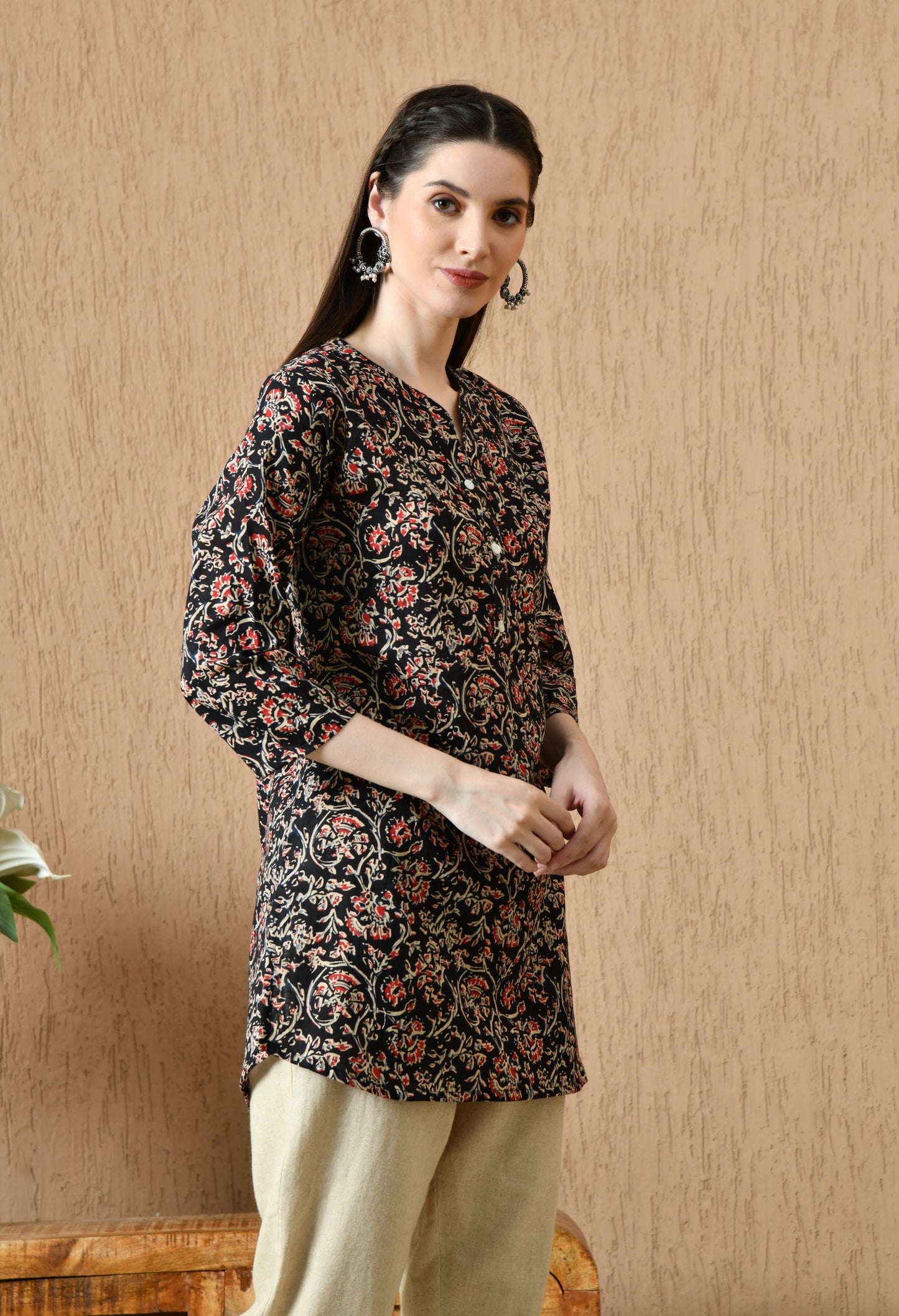 Floral Printed Mandarin Collar Pure Cotton Kurti