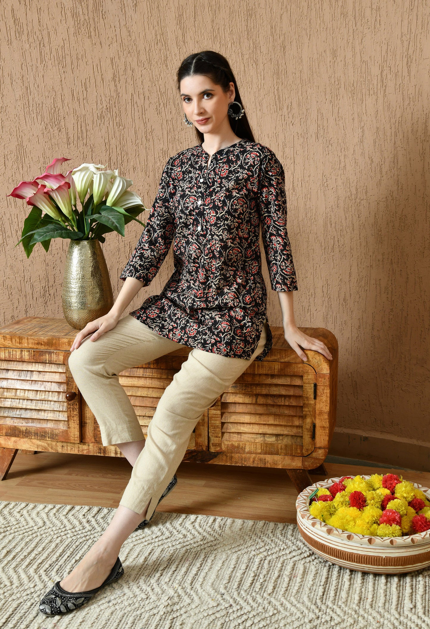 Floral Printed Mandarin Collar Pure Cotton Kurti