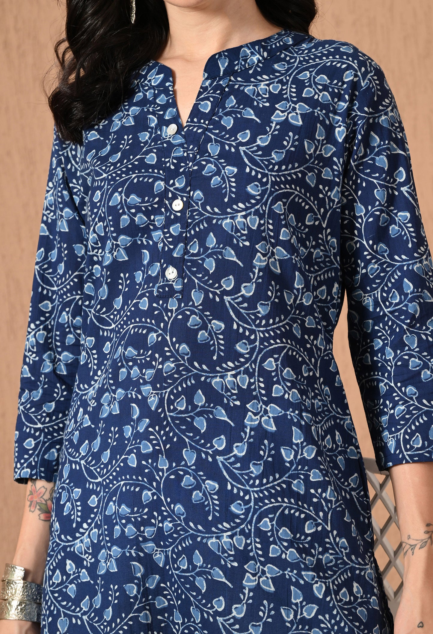 Floral Printed Mandarin Collar Pure Cotton Kurti