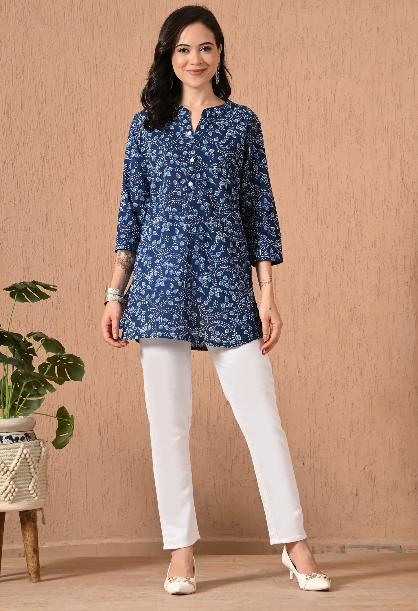 Floral Printed Mandarin Collar Pure Cotton Kurti