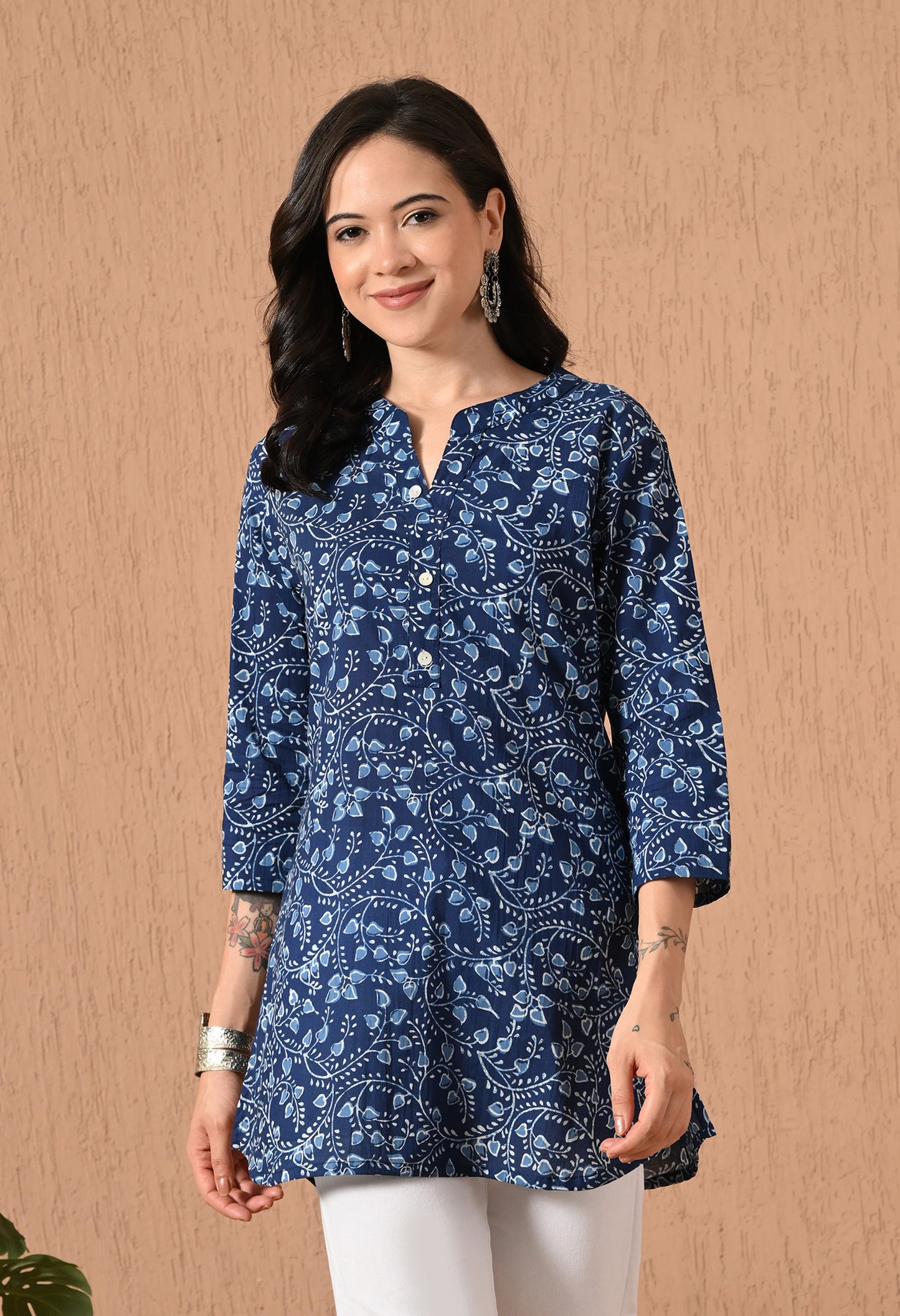 Floral Printed Mandarin Collar Pure Cotton Kurti