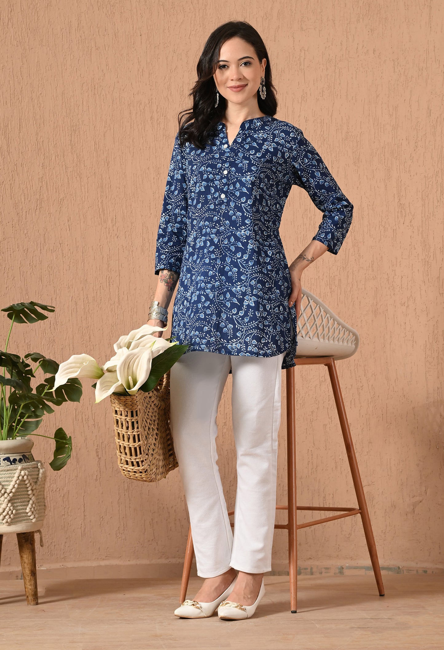 Floral Printed Mandarin Collar Pure Cotton Kurti