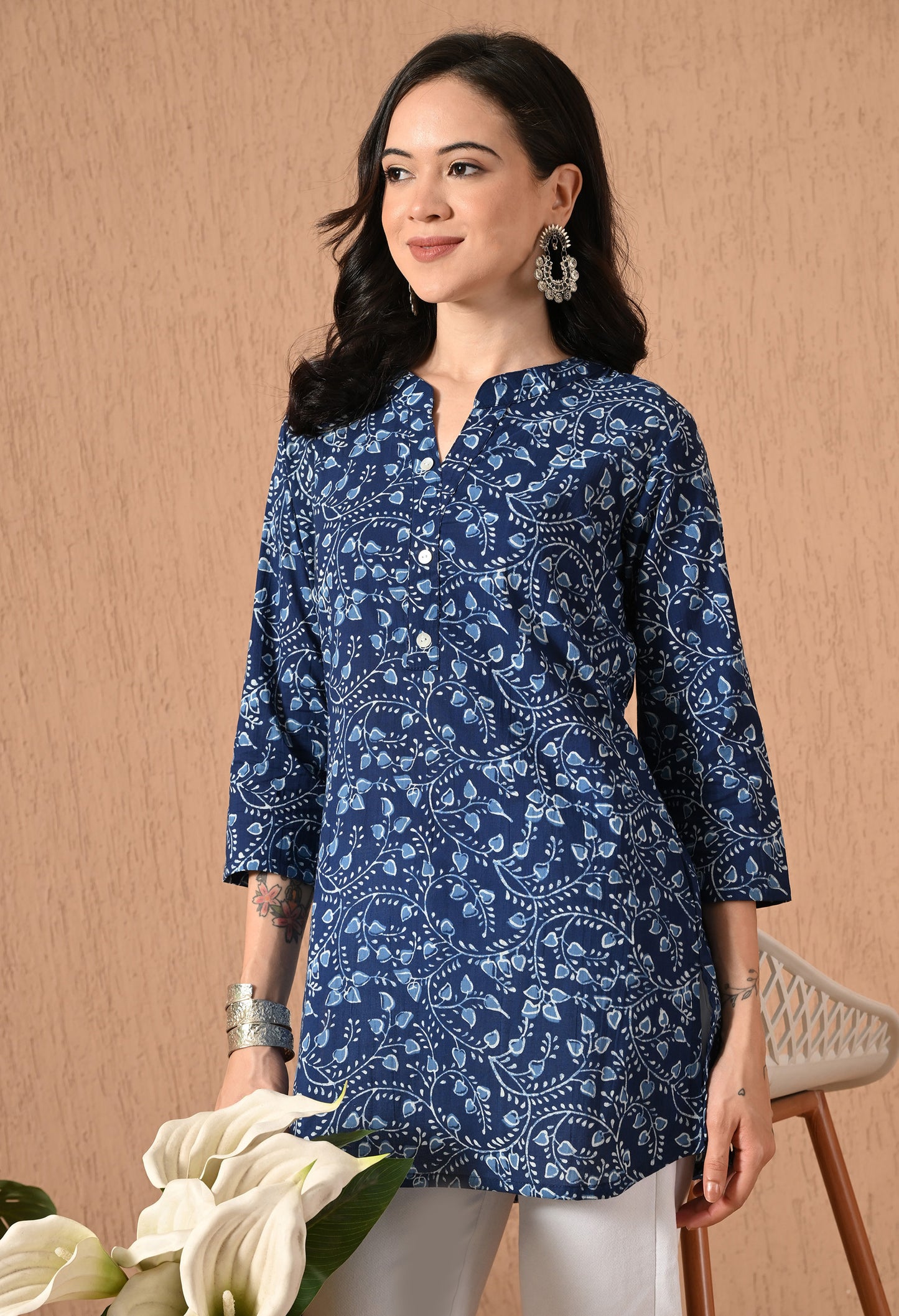 Floral Printed Mandarin Collar Pure Cotton Kurti