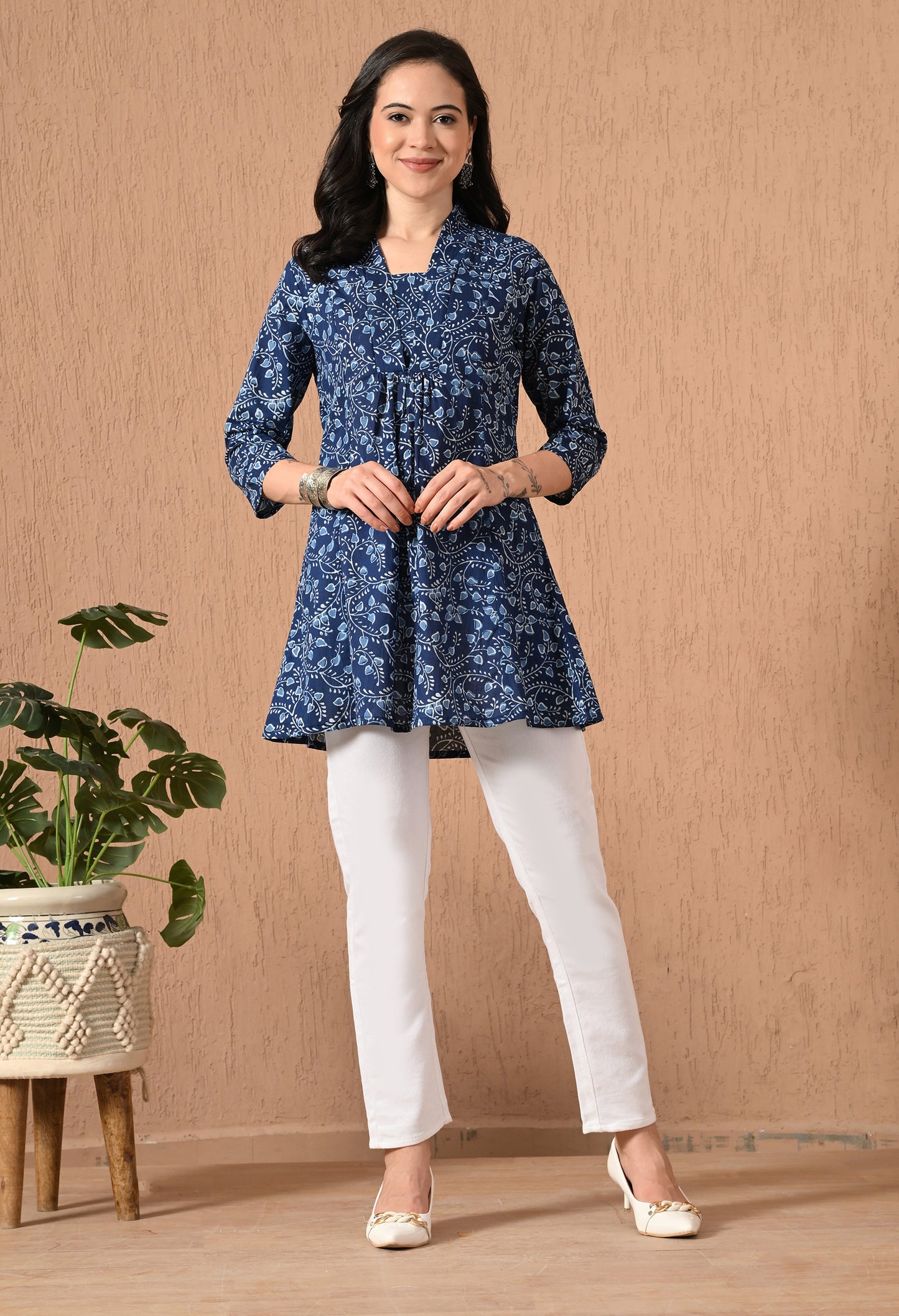 Floral Printed V-Neck Pure Cotton A-Line Kurti