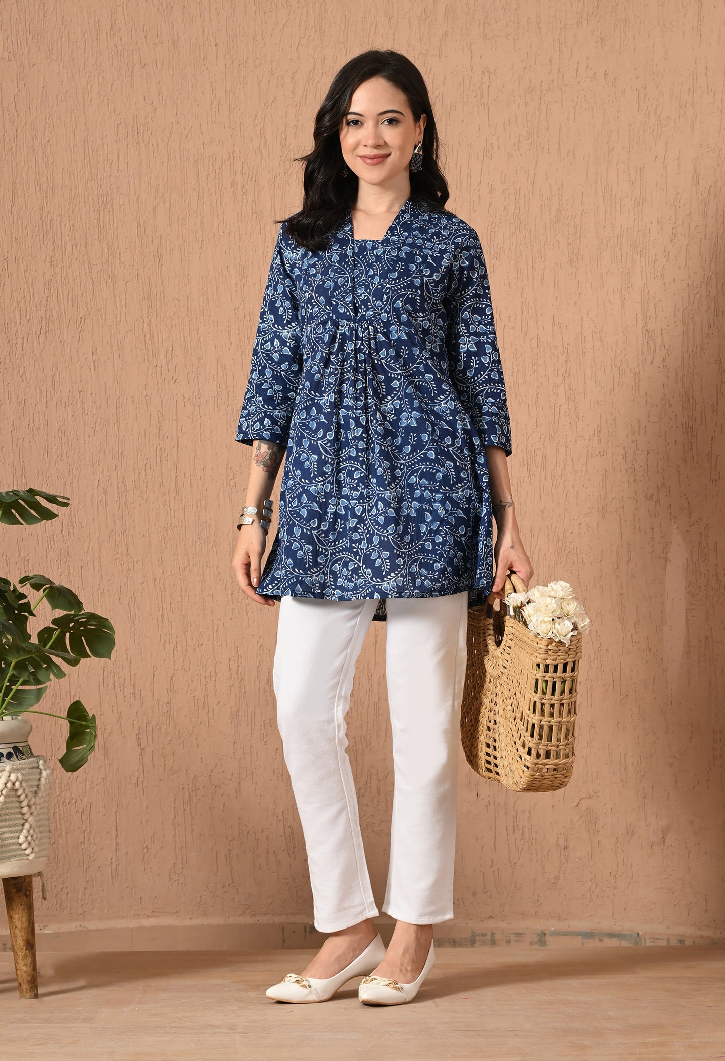 Floral Printed V-Neck Pure Cotton A-Line Kurti