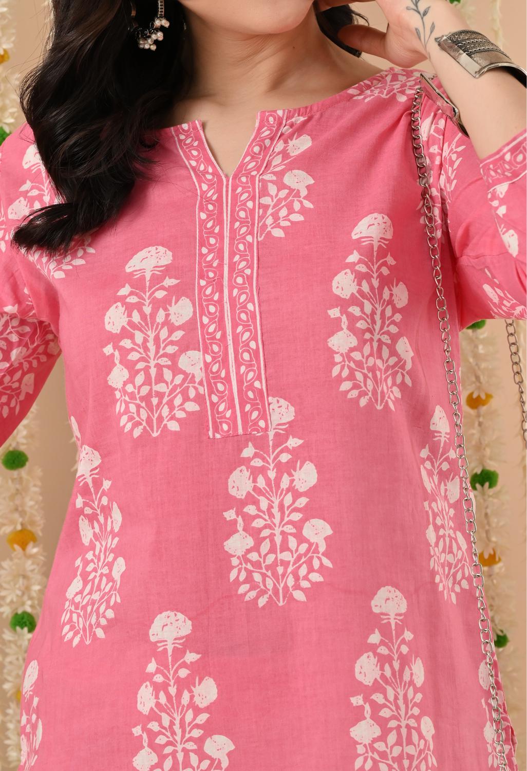Pink Floral Cotton Casual Wear Kurti
