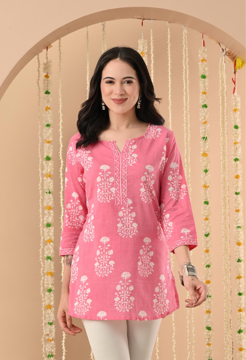 Pink Floral Cotton Casual Wear Kurti