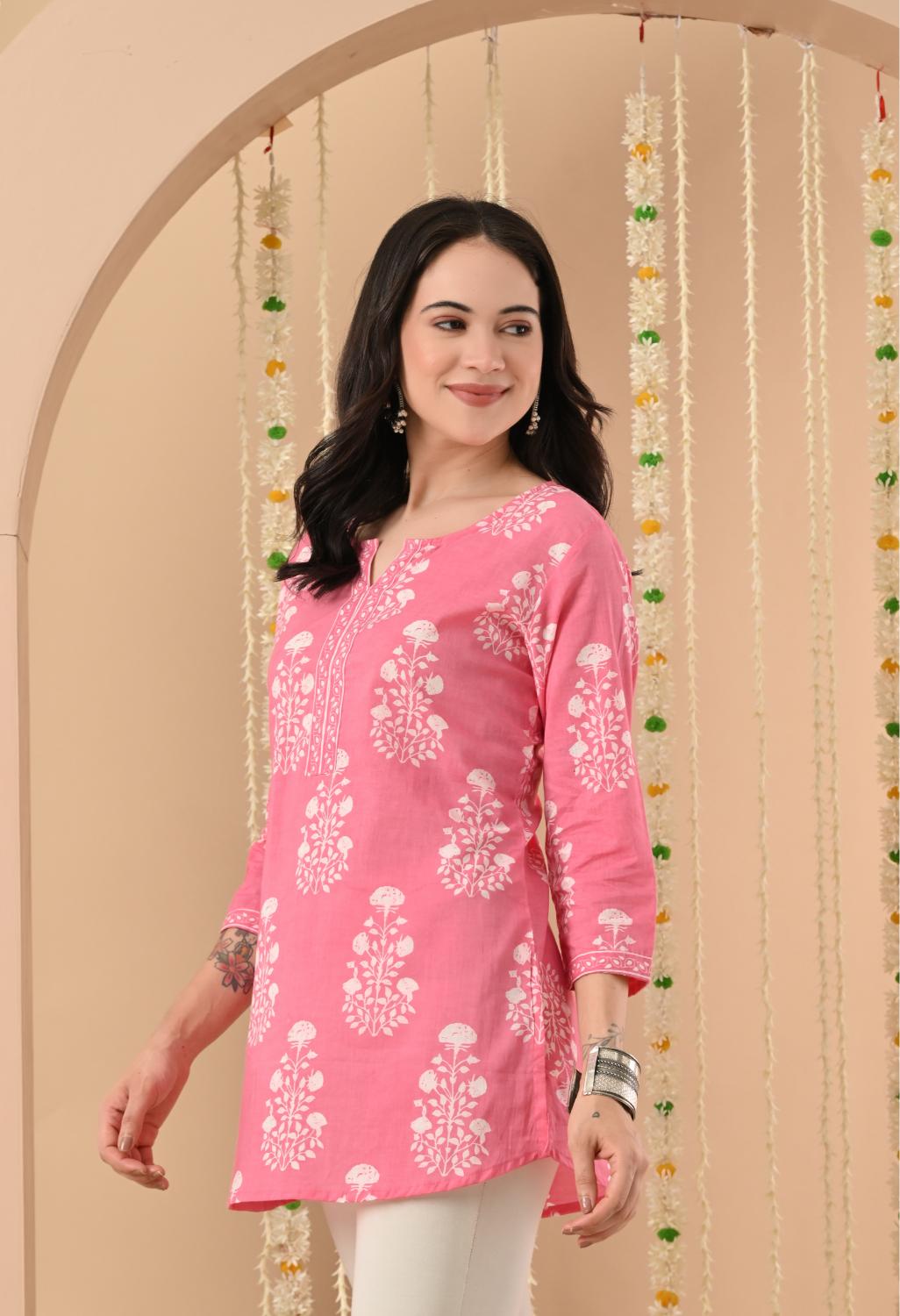 Pink Floral Cotton Casual Wear Kurti