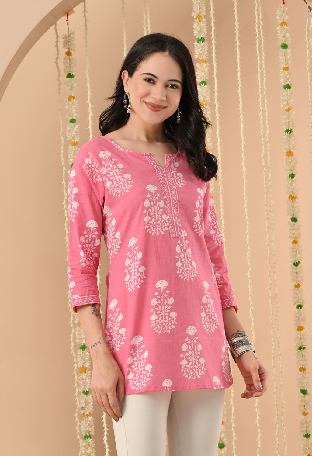 Pink Floral Cotton Casual Wear Kurti