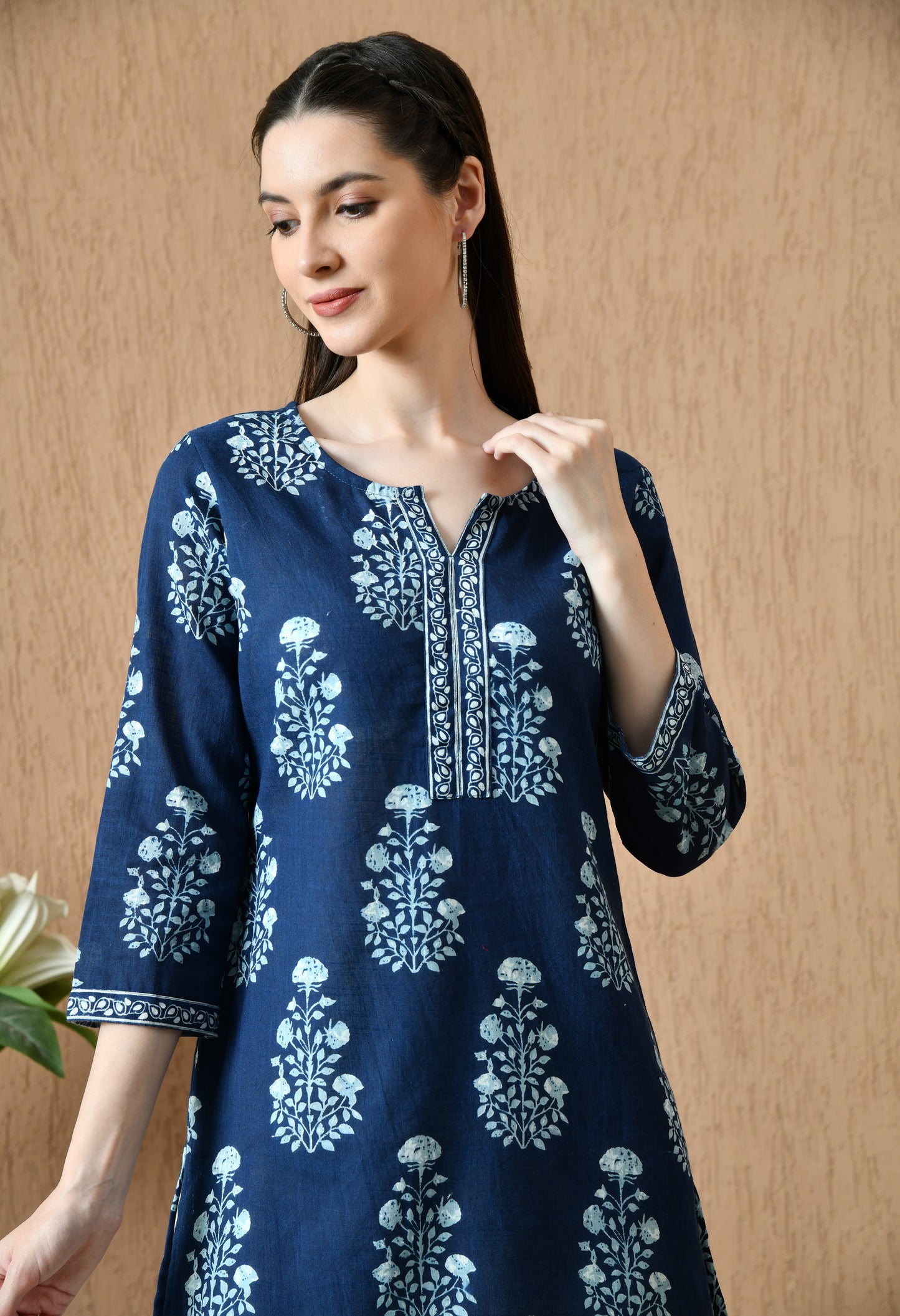 Blue Floral Cotton Casual Wear Kurti