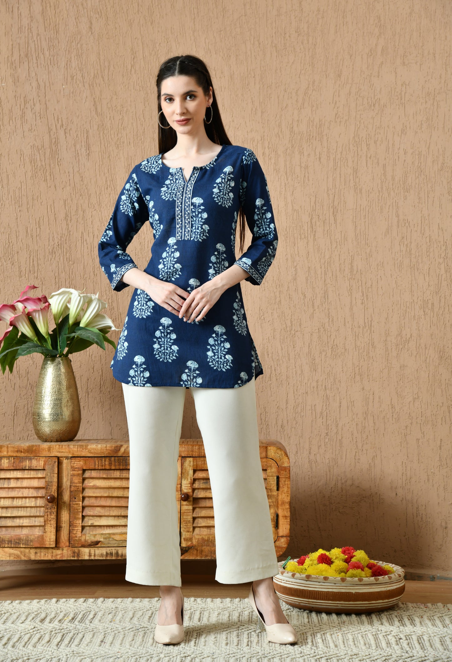 Blue Floral Cotton Casual Wear Kurti