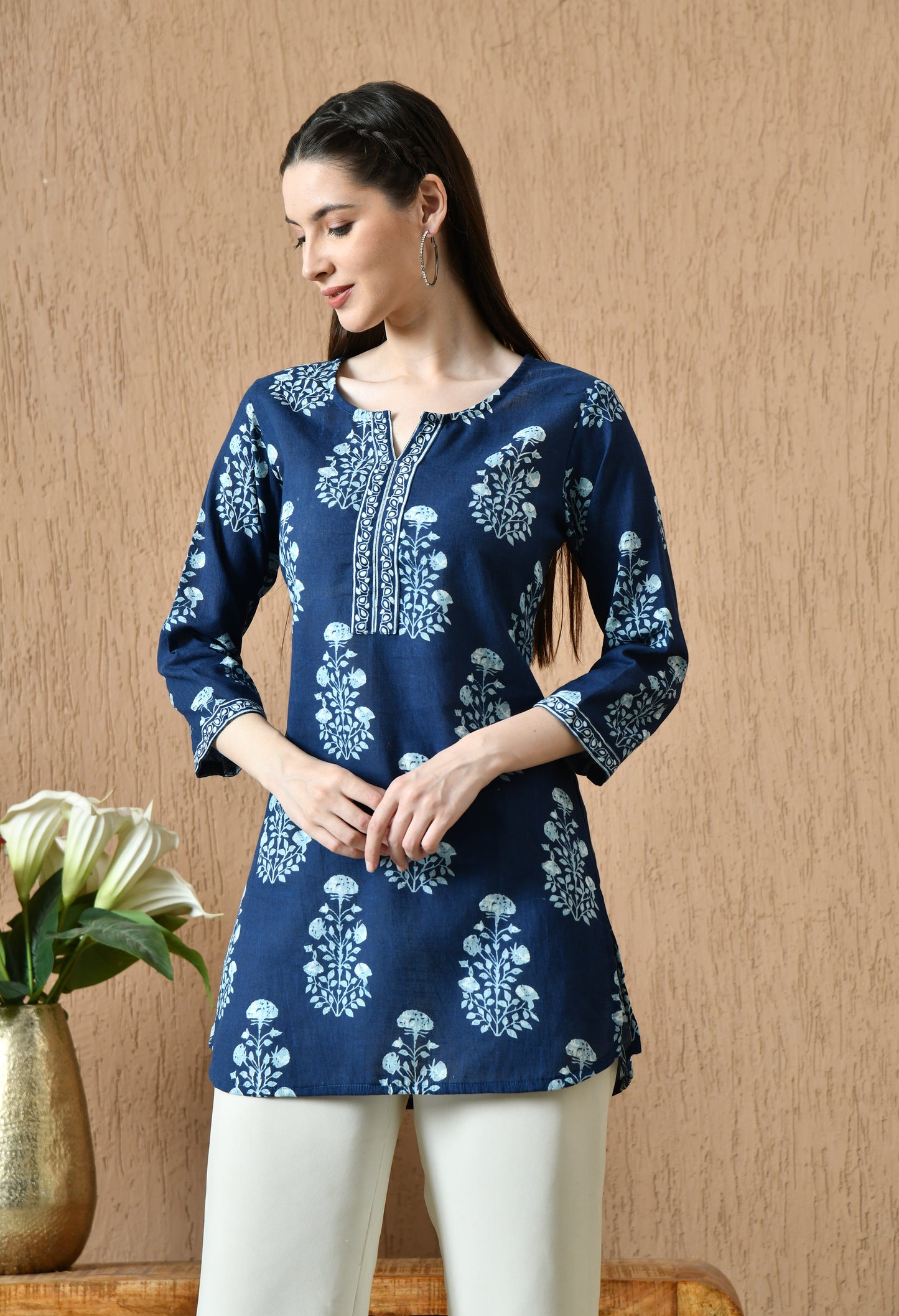 Blue Floral Cotton Casual Wear Kurti