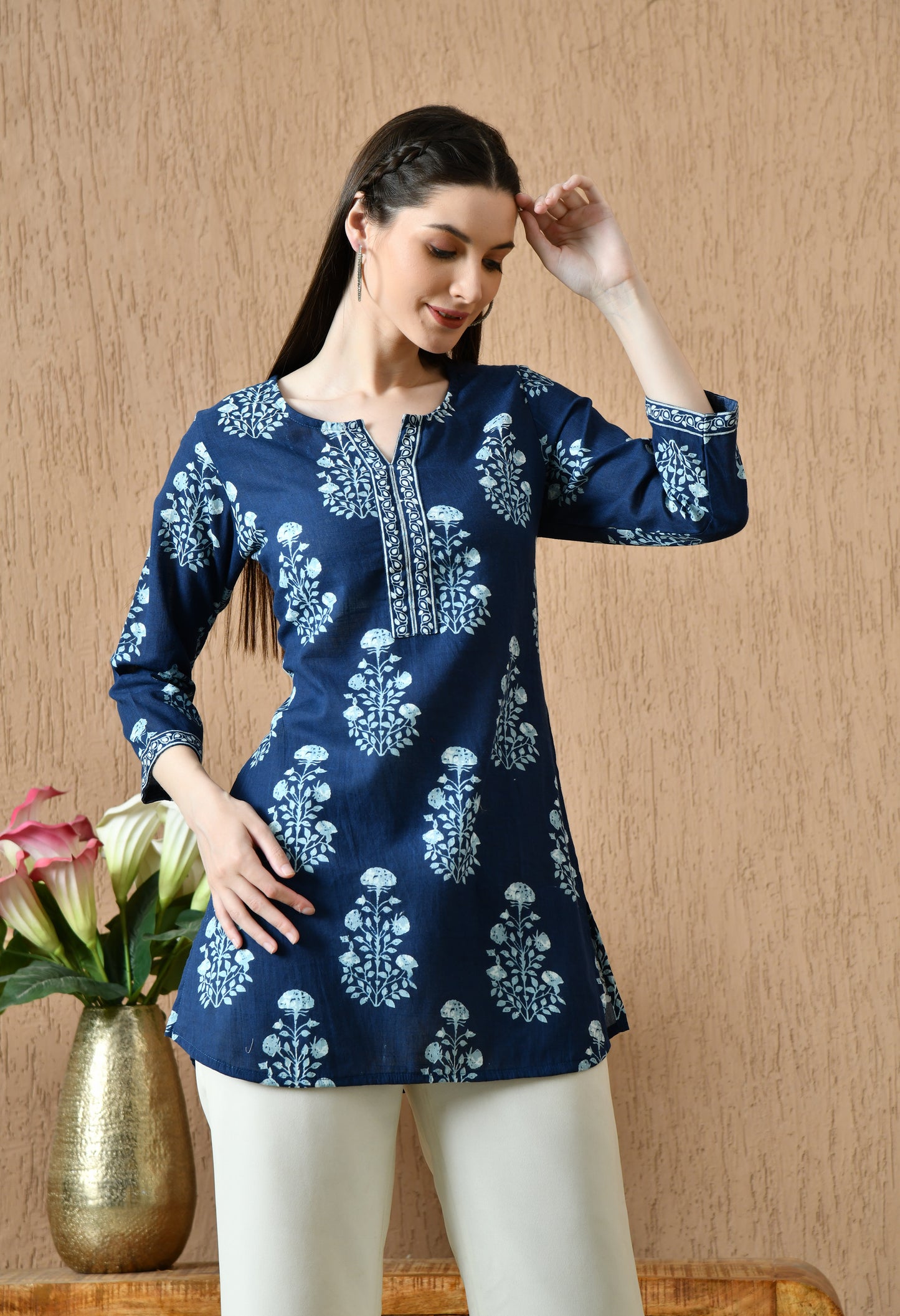 Blue Floral Cotton Casual Wear Kurti