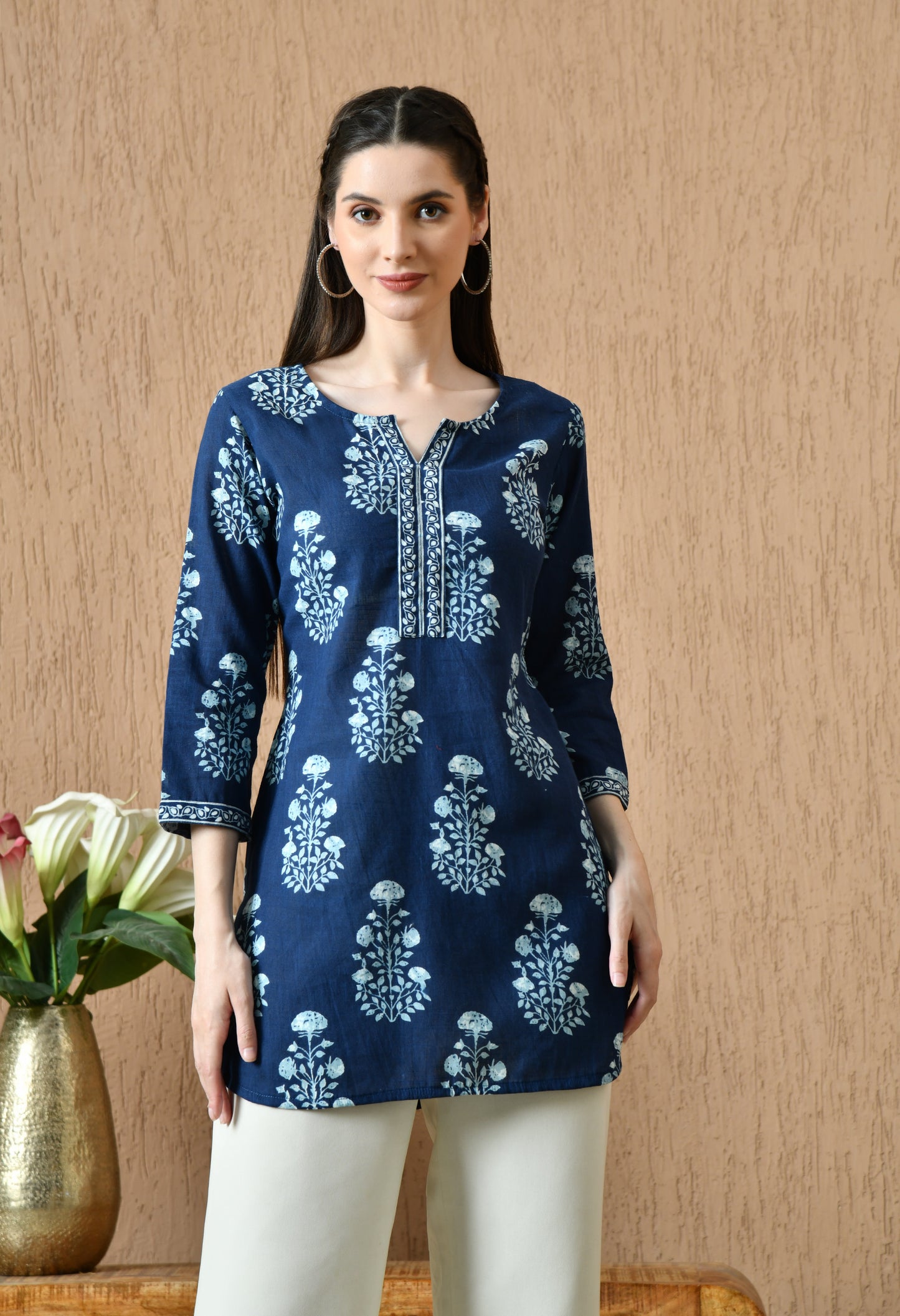 Blue Floral Cotton Casual Wear Kurti
