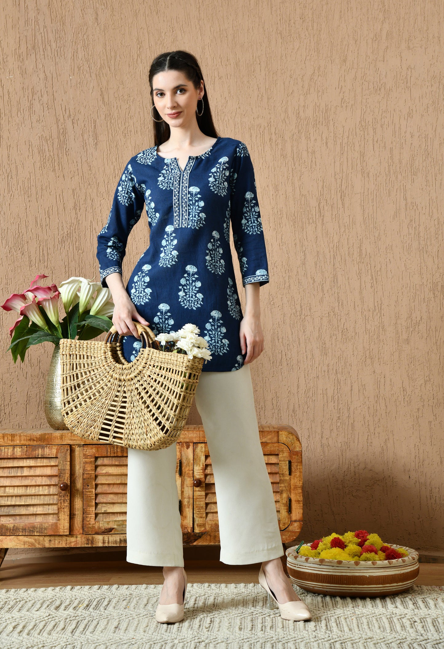 Blue Floral Cotton Casual Wear Kurti