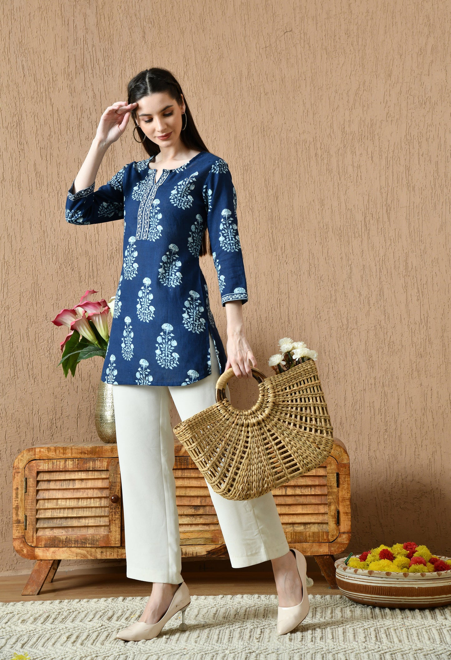 Blue Floral Cotton Casual Wear Kurti