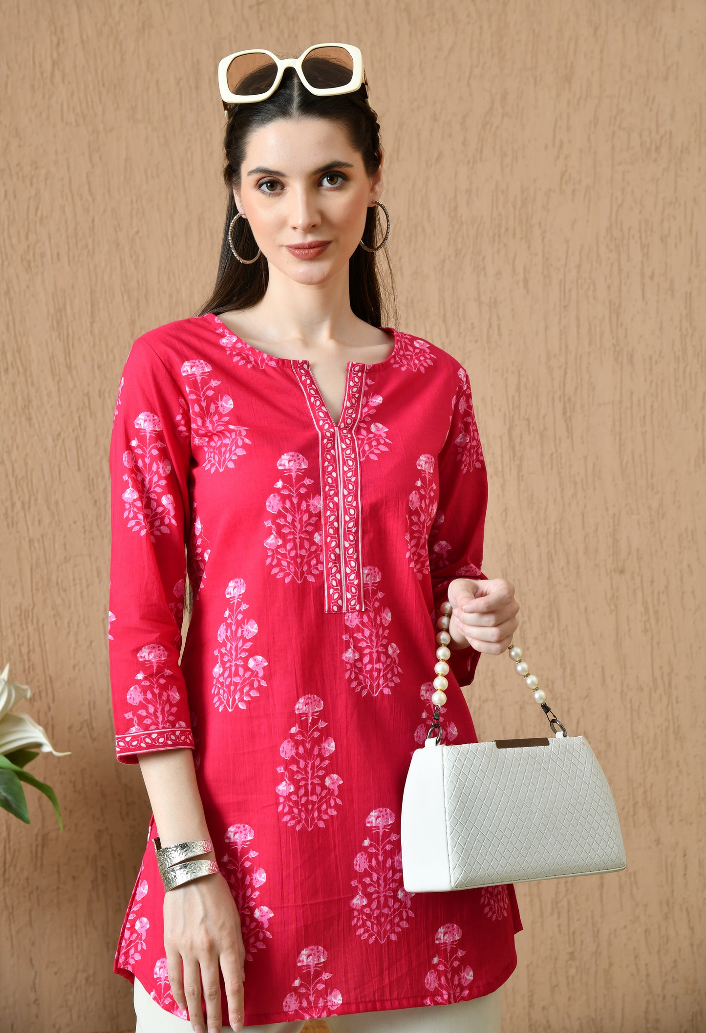 Pink Floral Cotton Casual Wear Kurti