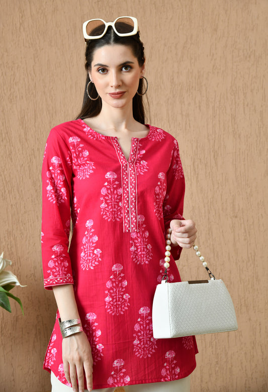 Pink Floral Cotton Casual Wear Kurti