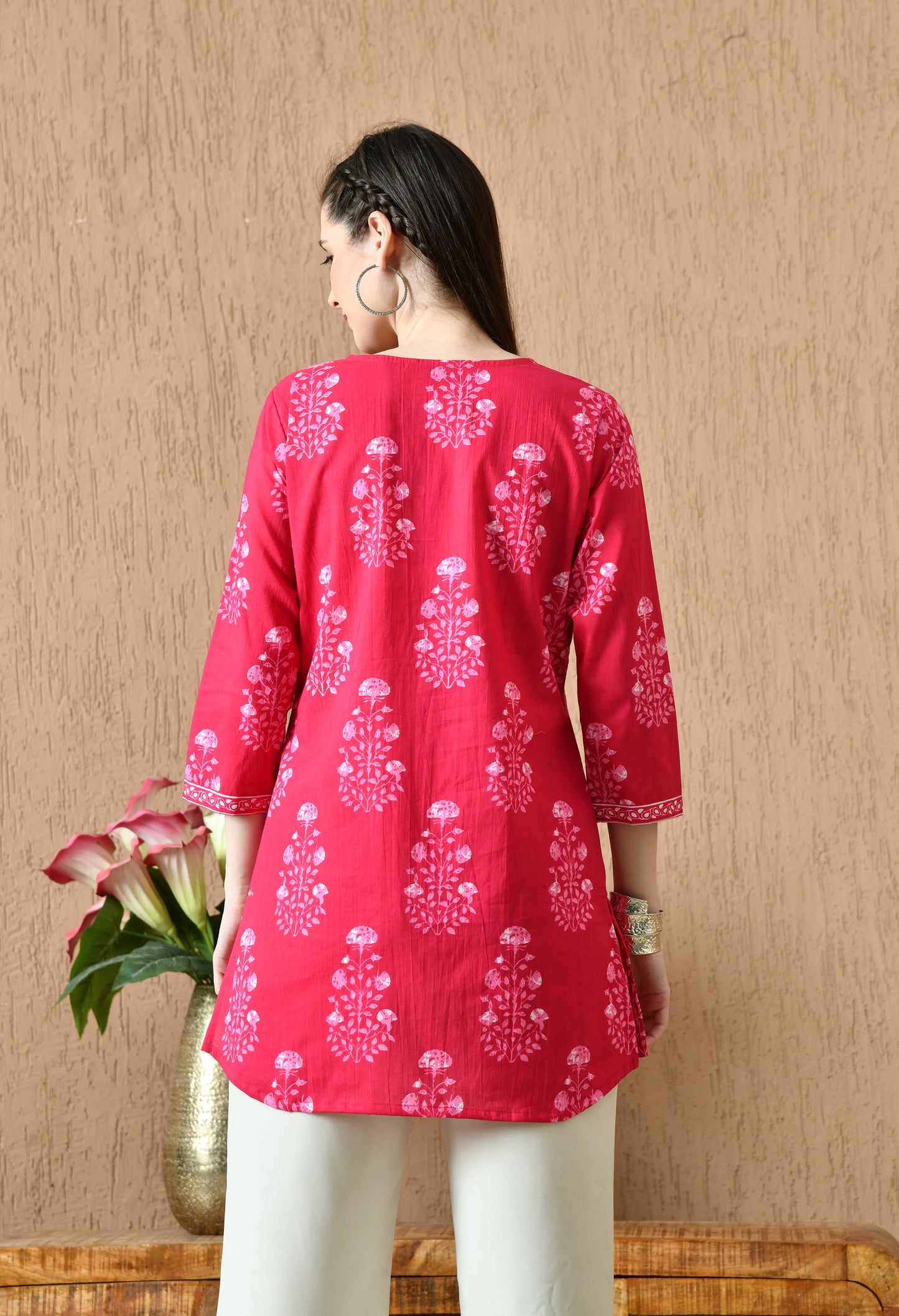 Pink Floral Cotton Casual Wear Kurti