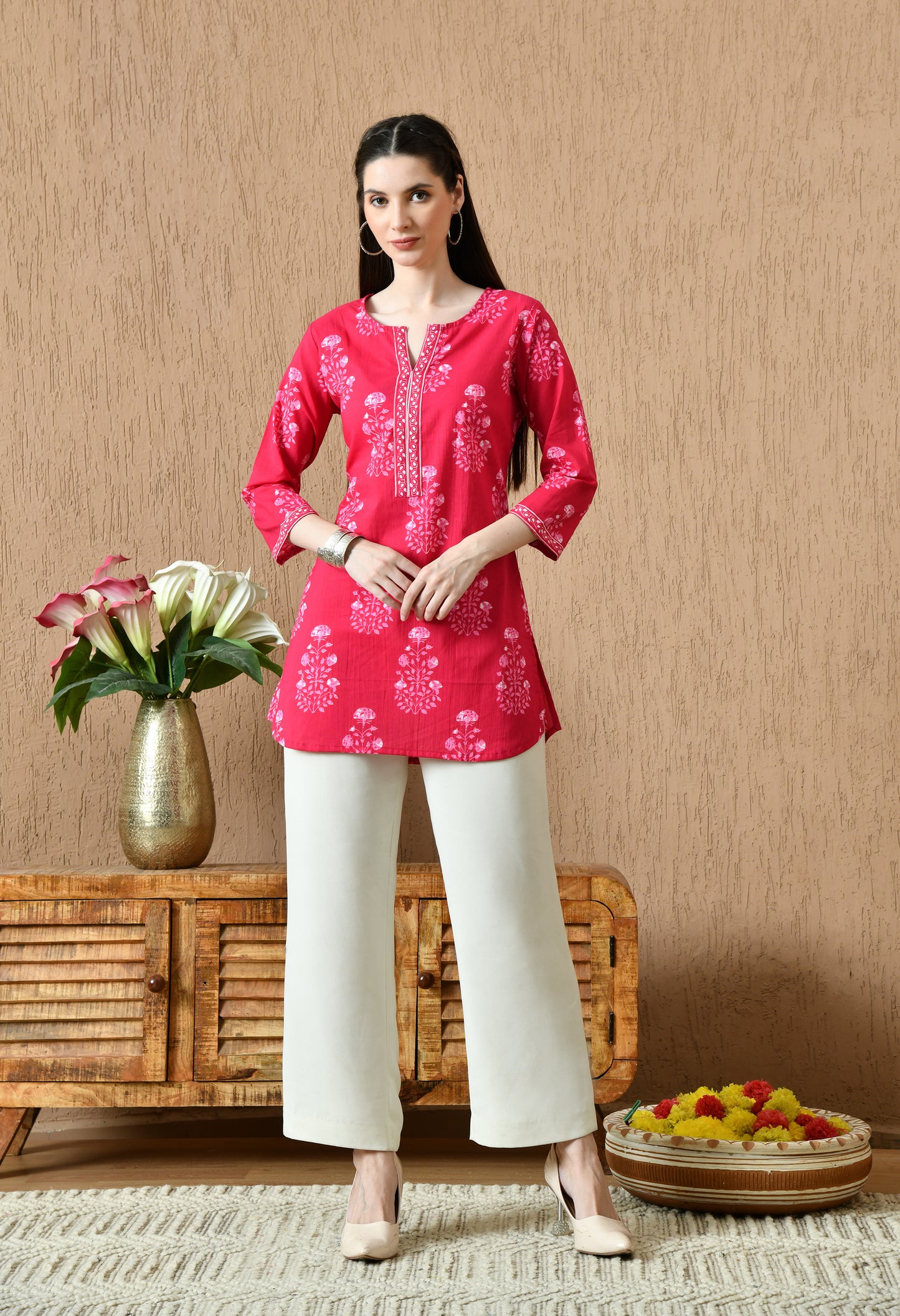 Pink Floral Cotton Casual Wear Kurti