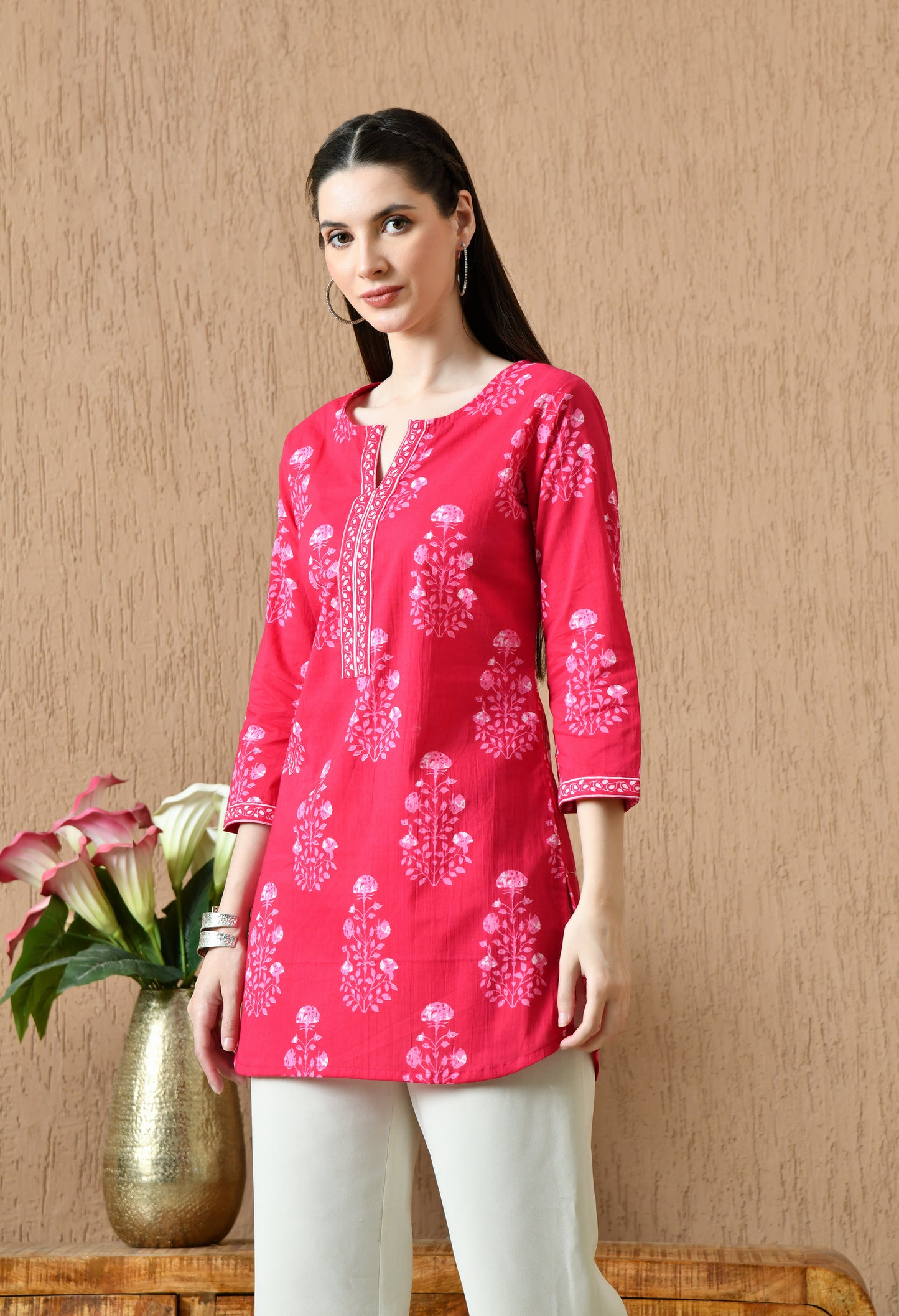 Pink Floral Cotton Casual Wear Kurti