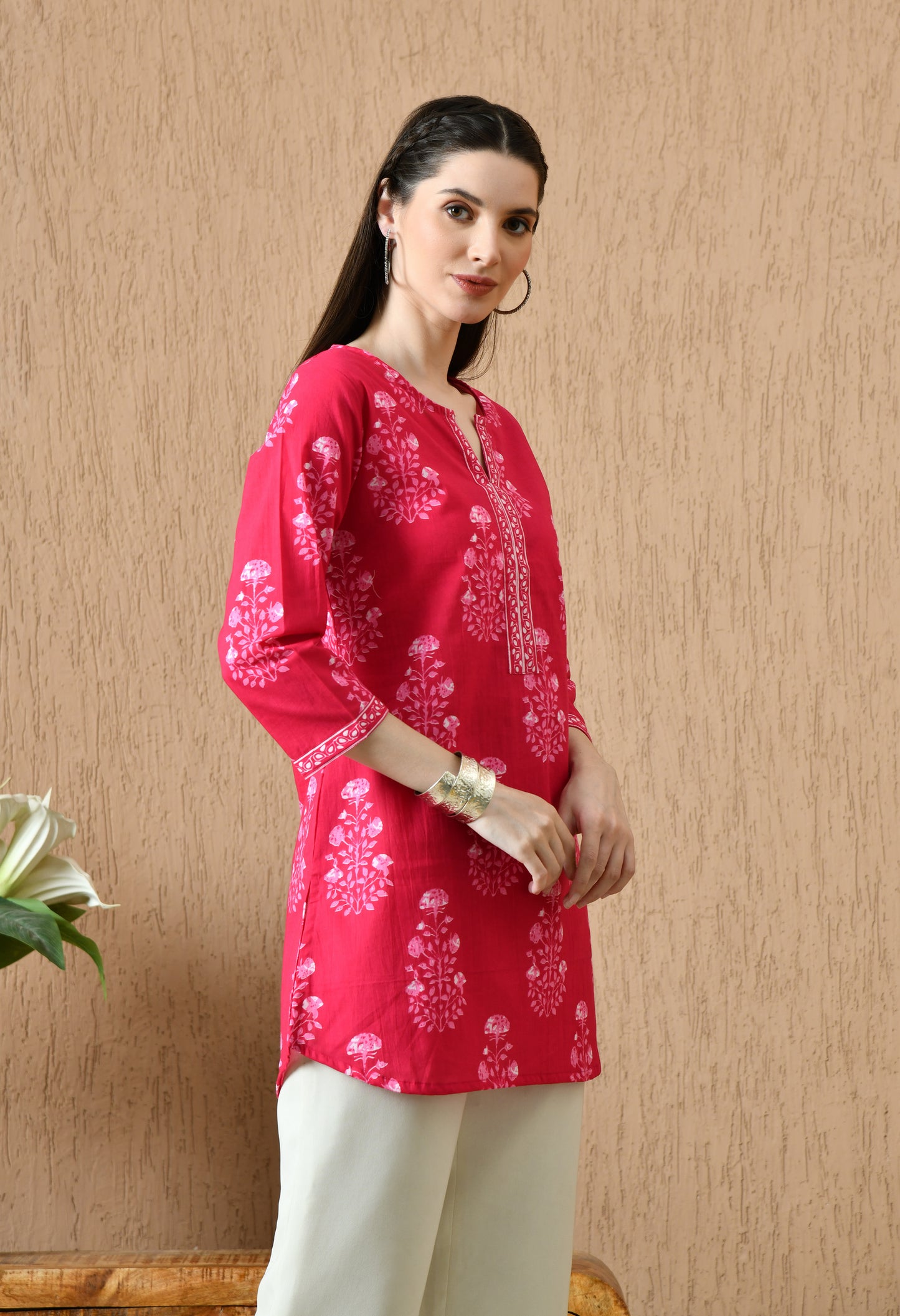 Pink Floral Cotton Casual Wear Kurti