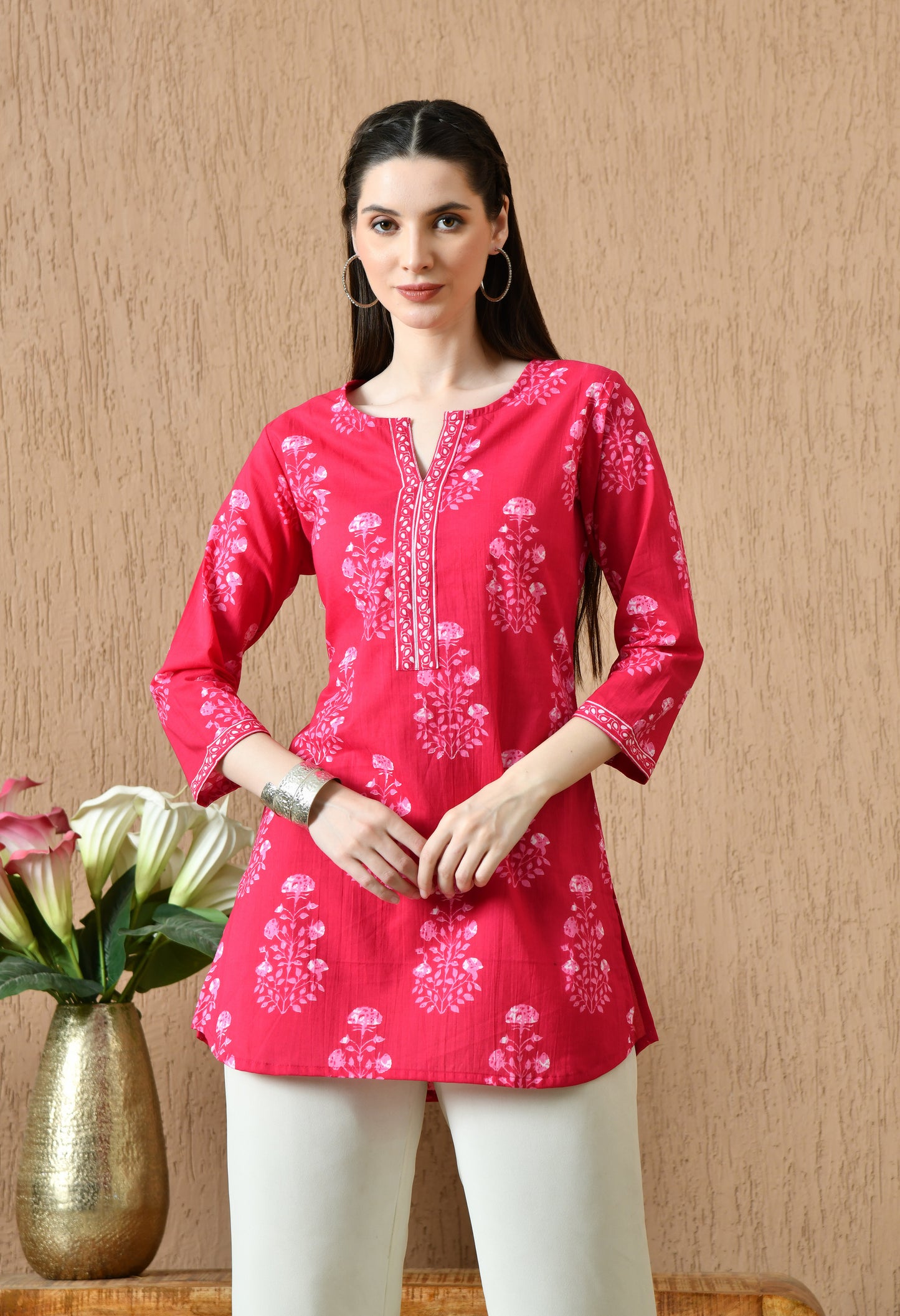 Pink Floral Cotton Casual Wear Kurti