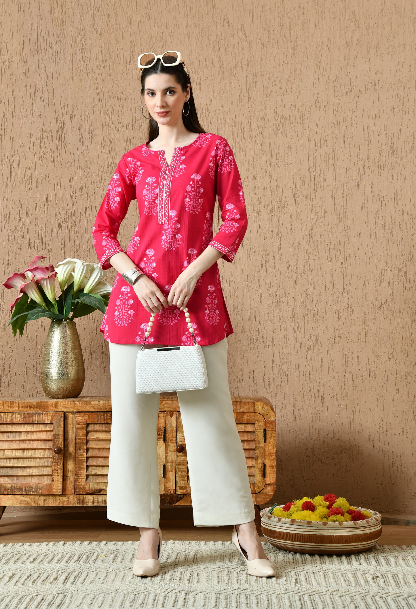 Pink Floral Cotton Casual Wear Kurti