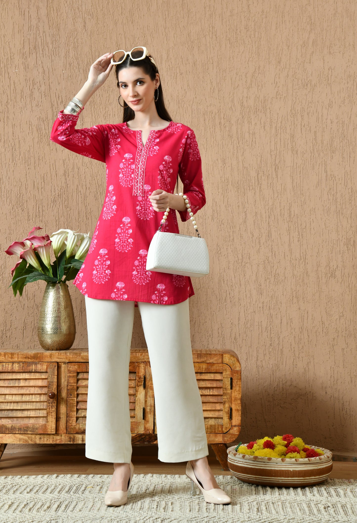 Pink Floral Cotton Casual Wear Kurti