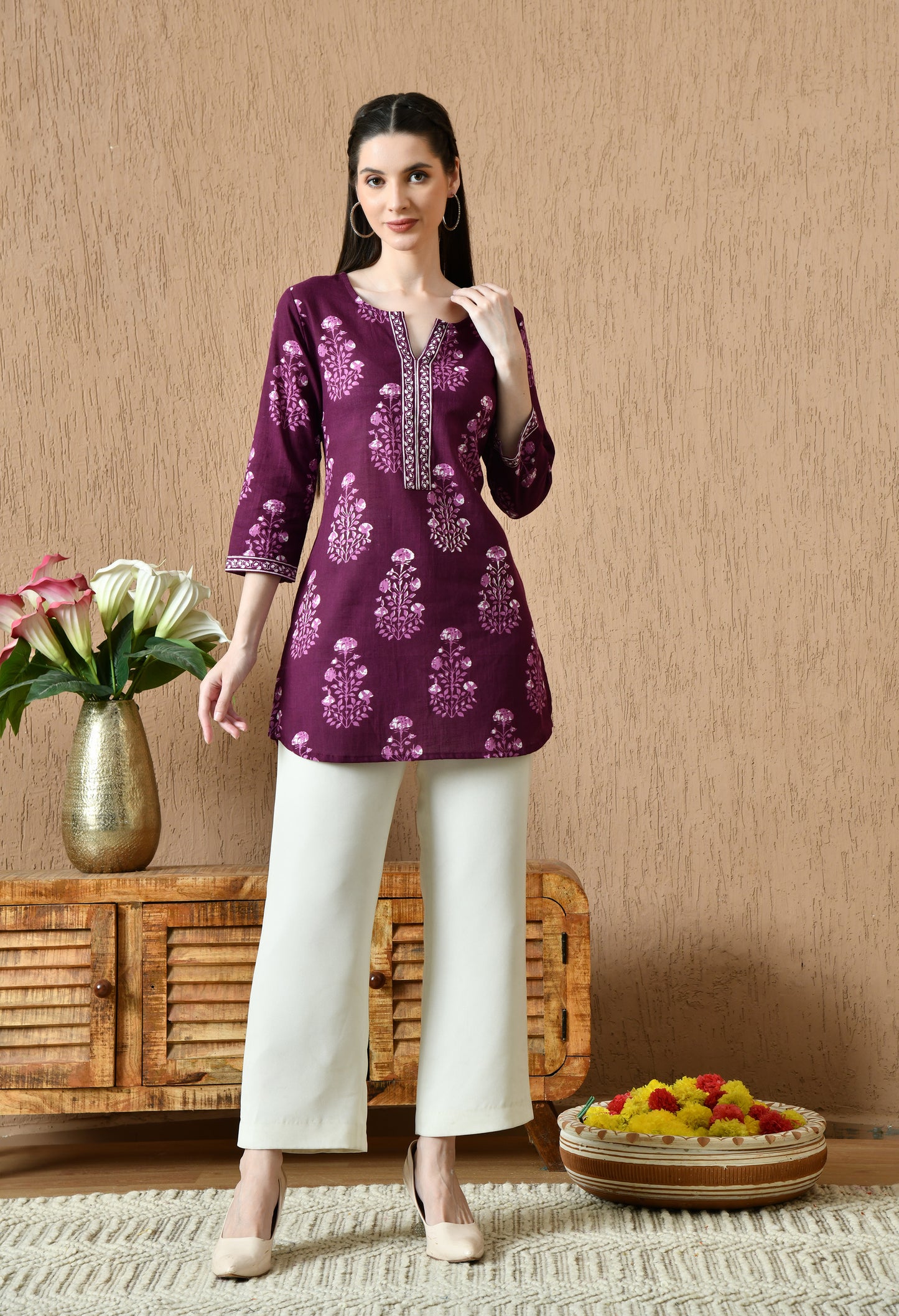 Purple Floral Cotton Casual Wear Kurti