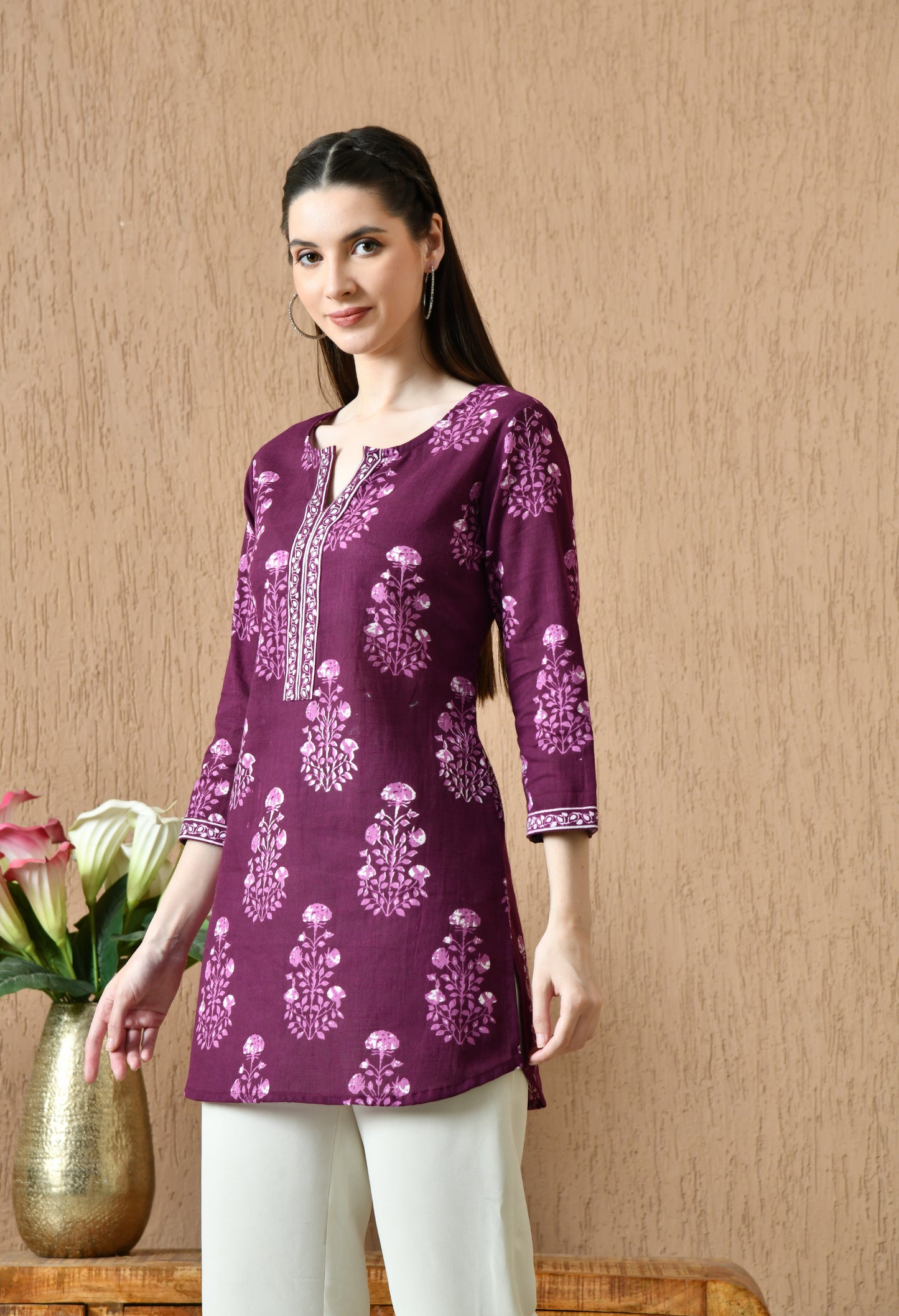 Purple Floral Cotton Casual Wear Kurti