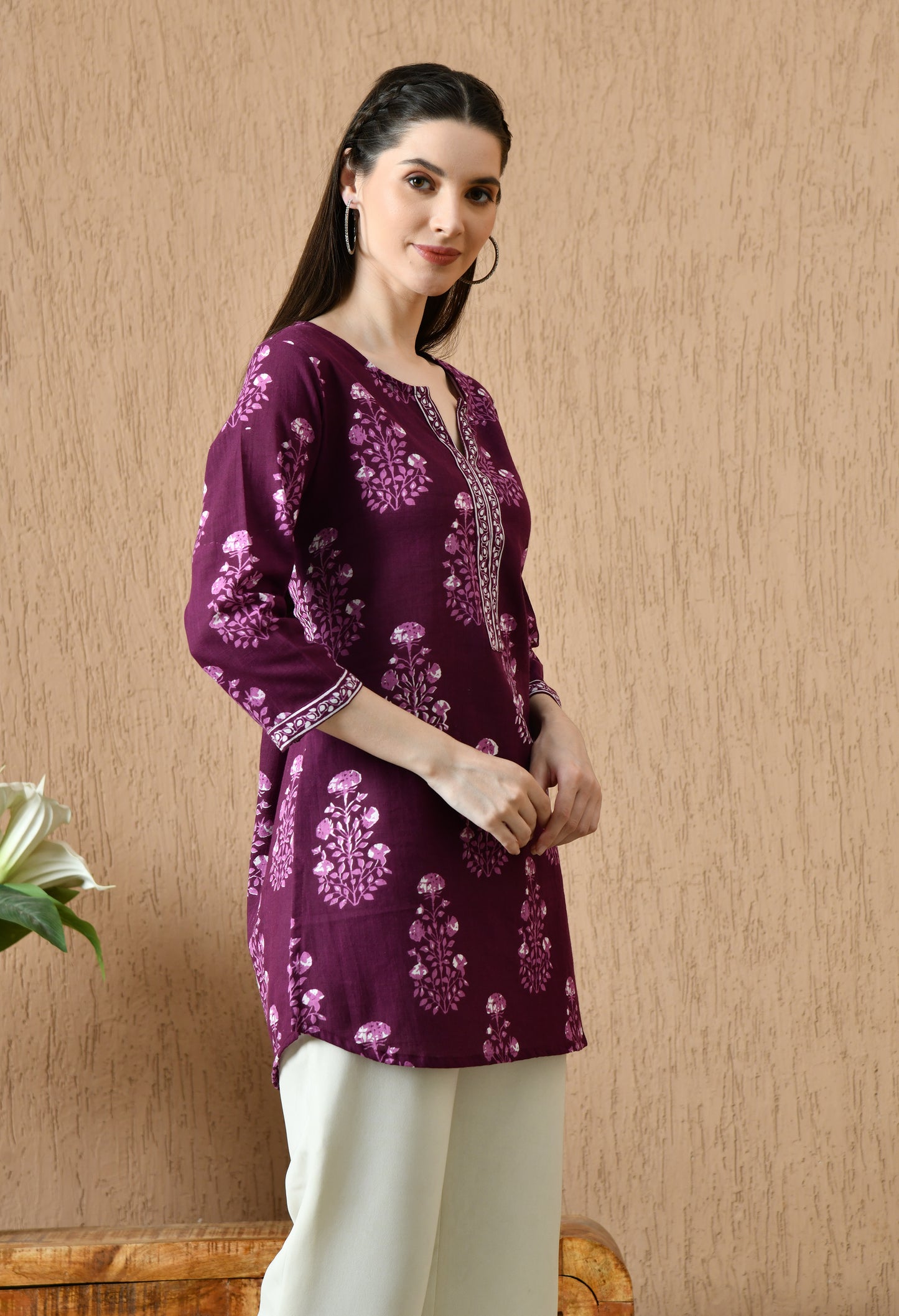 Purple Floral Cotton Casual Wear Kurti