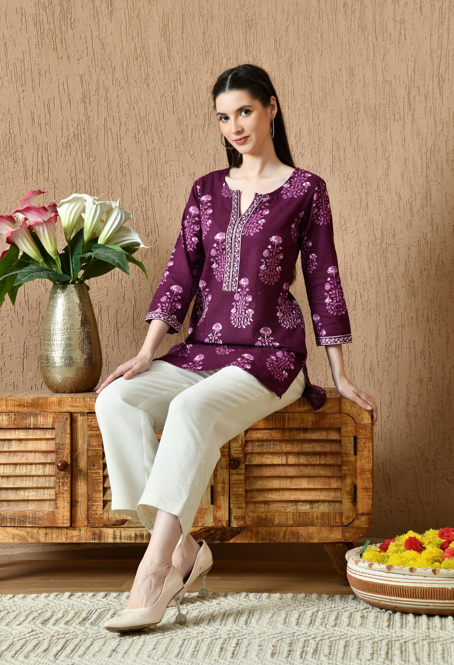 Purple Floral Cotton Casual Wear Kurti