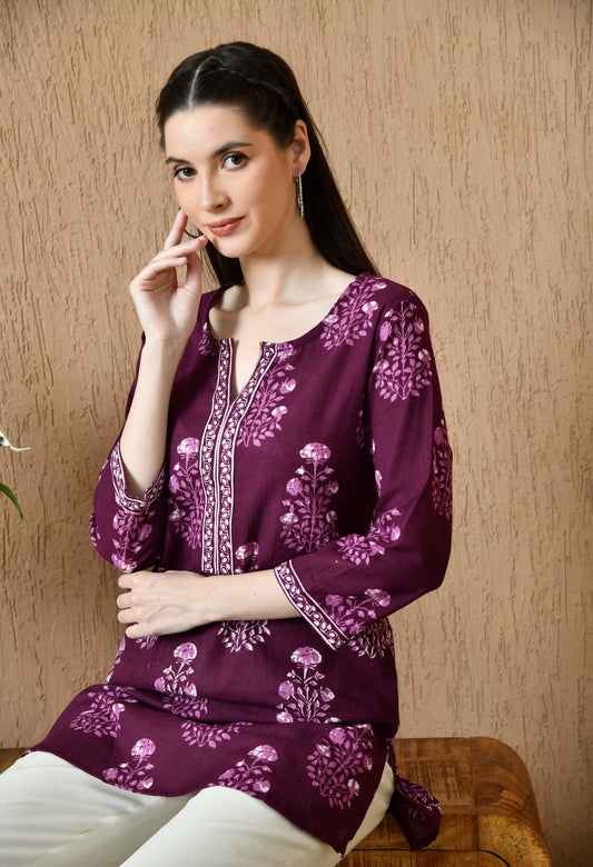 Purple Floral Cotton Casual Wear Kurti