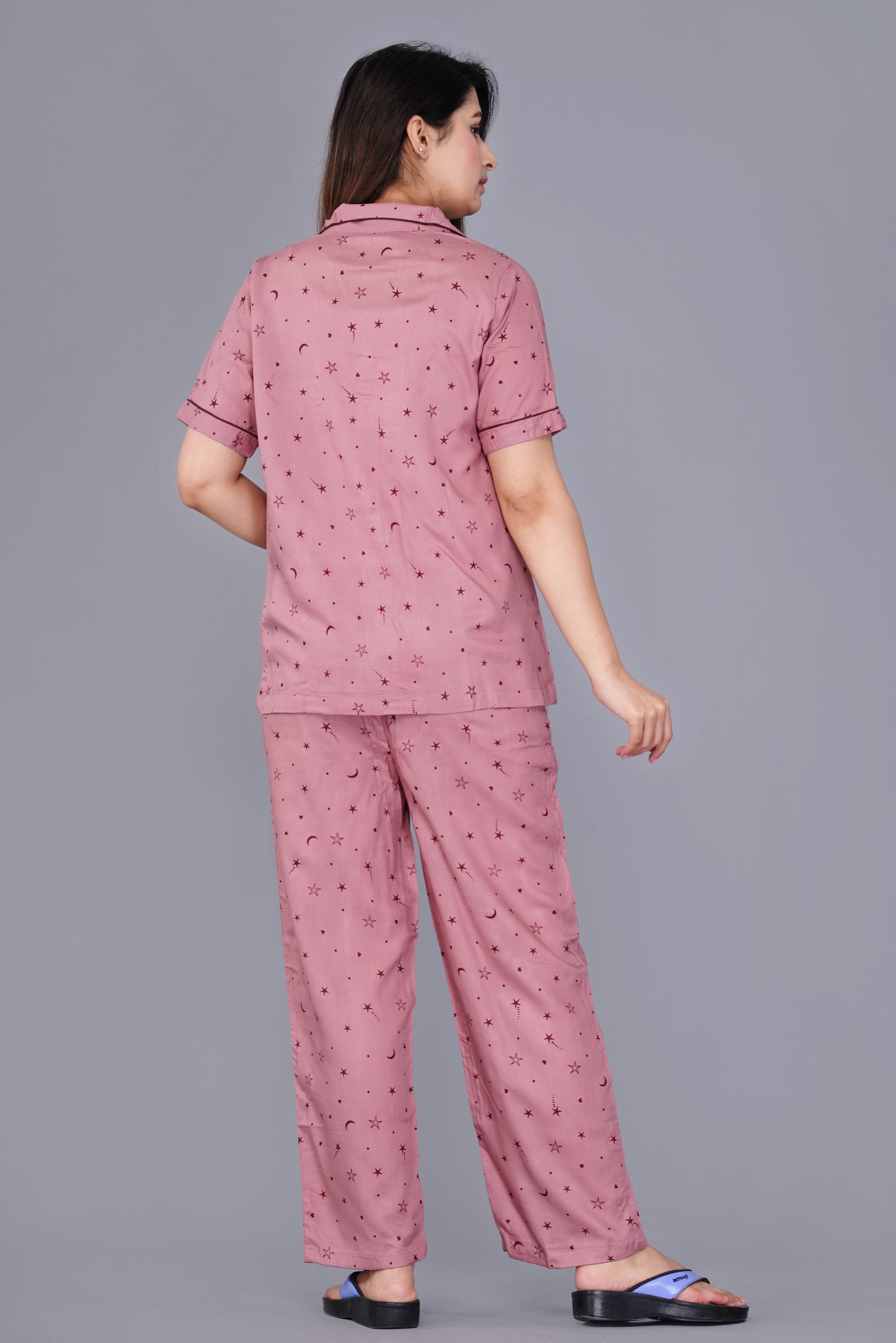 Conversational Printed Pink Rayon Night Suit