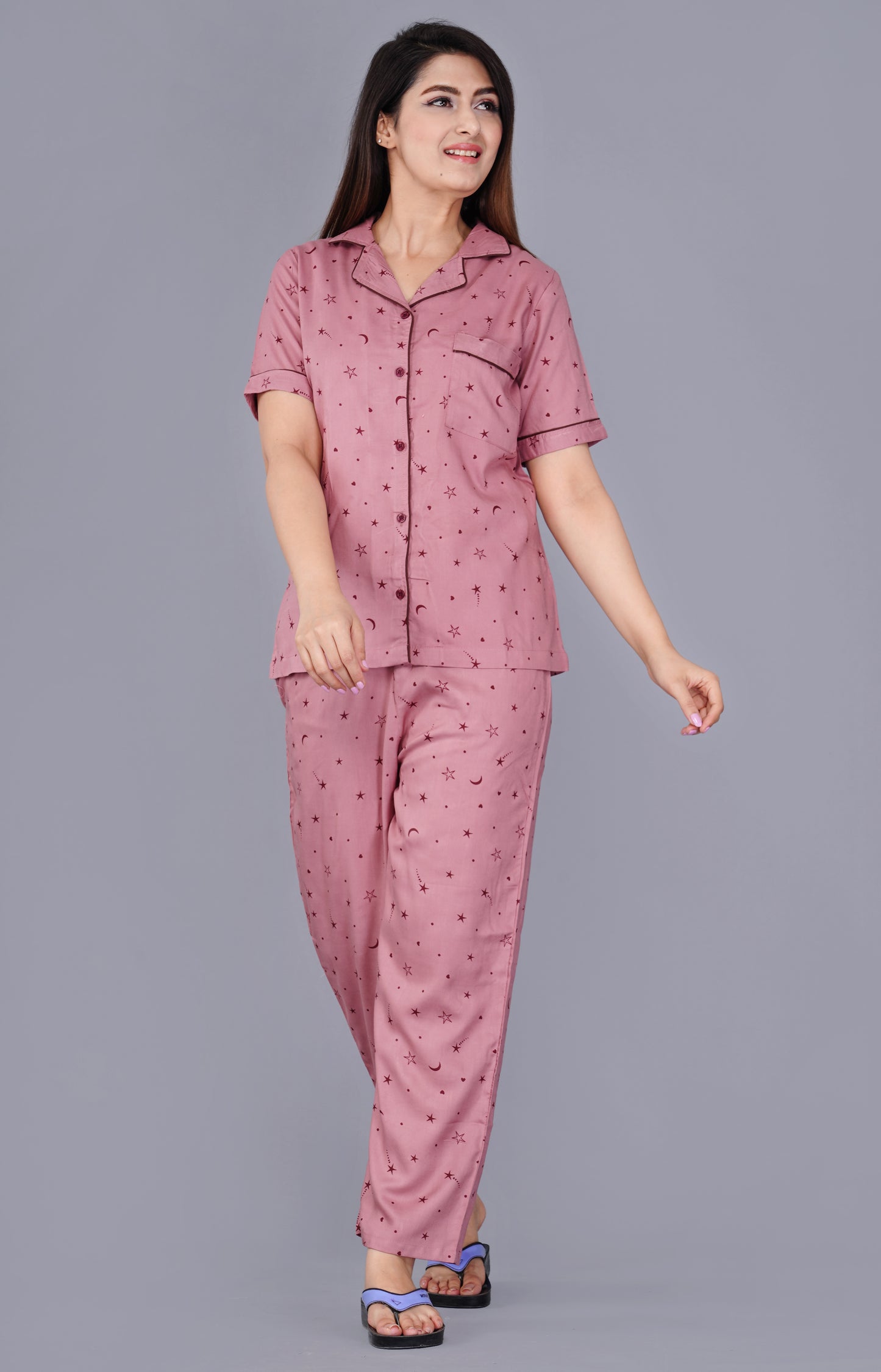 Conversational Printed Pink Rayon Night Suit