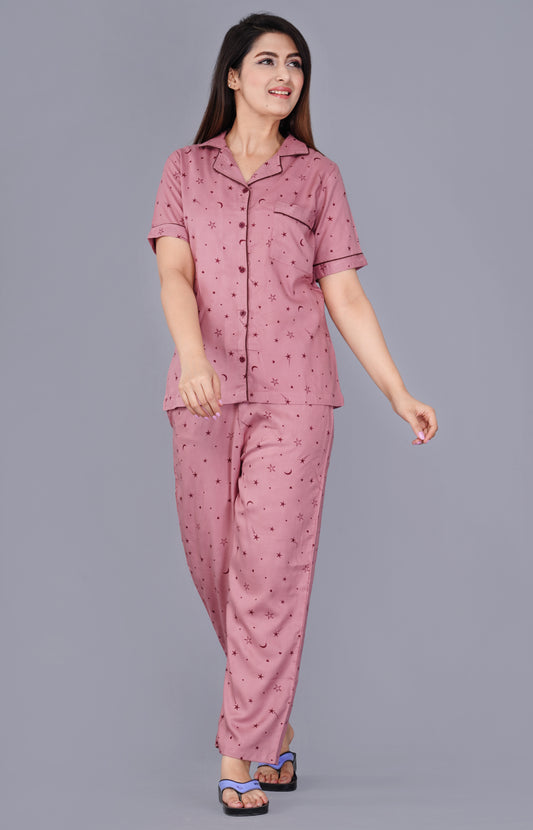 Conversational Printed Pink Rayon Night Suit