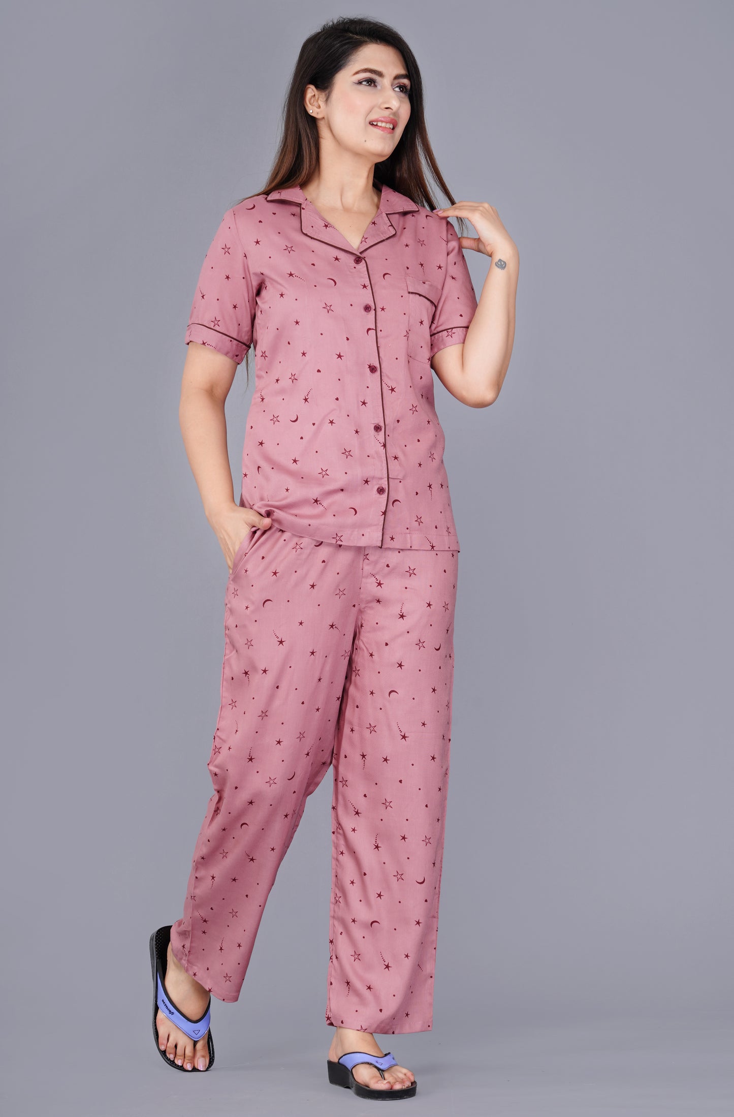 Conversational Printed Pink Rayon Night Suit