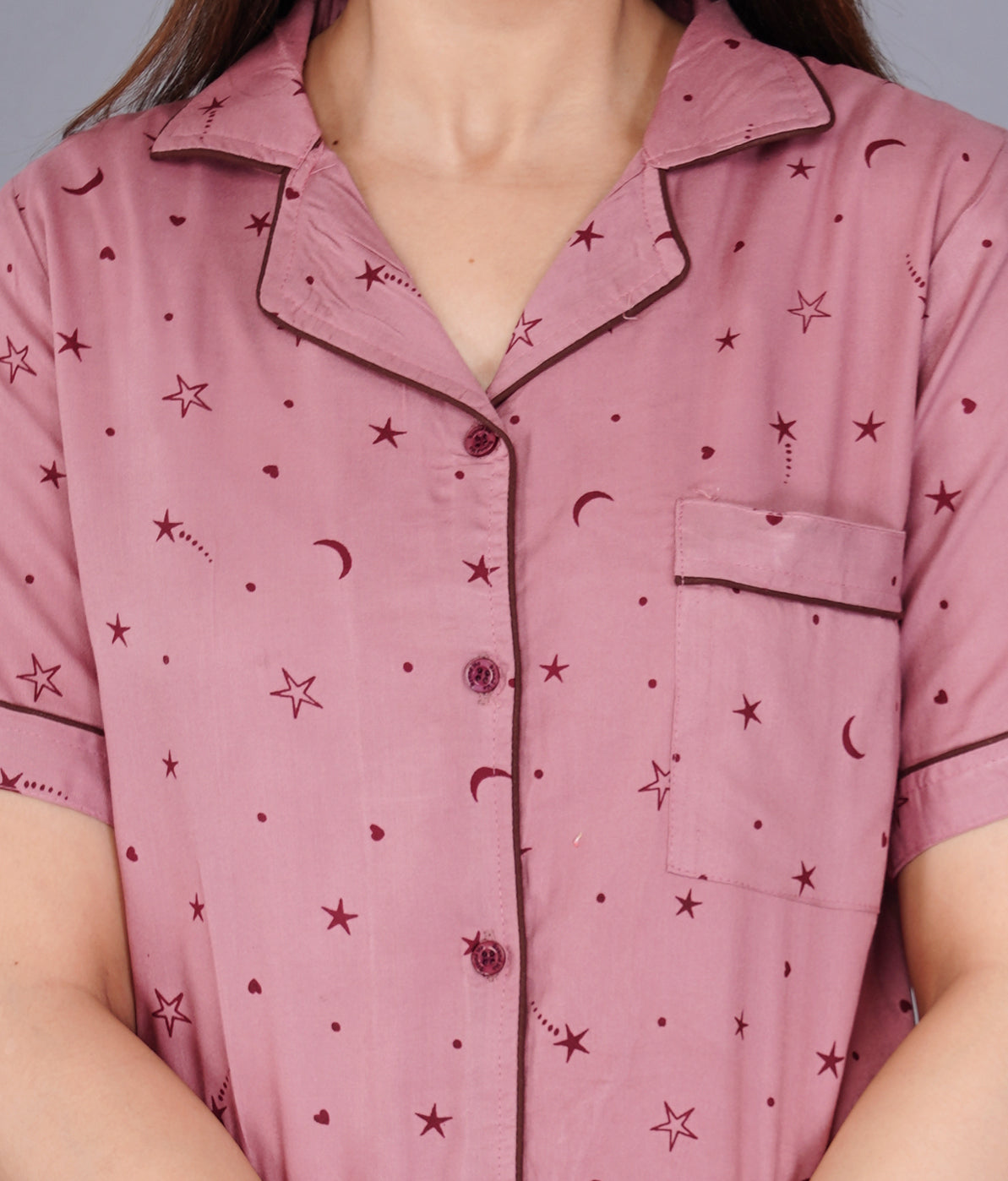 Conversational Printed Pink Rayon Night Suit