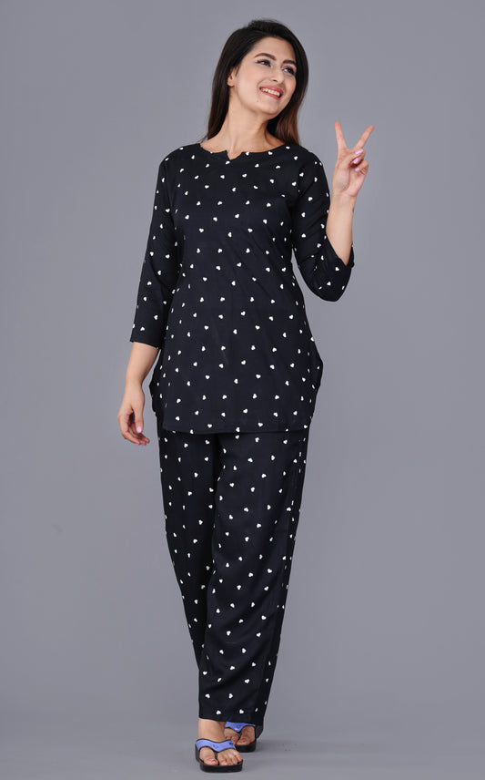 Conversational Printed Black Rayon Night suit