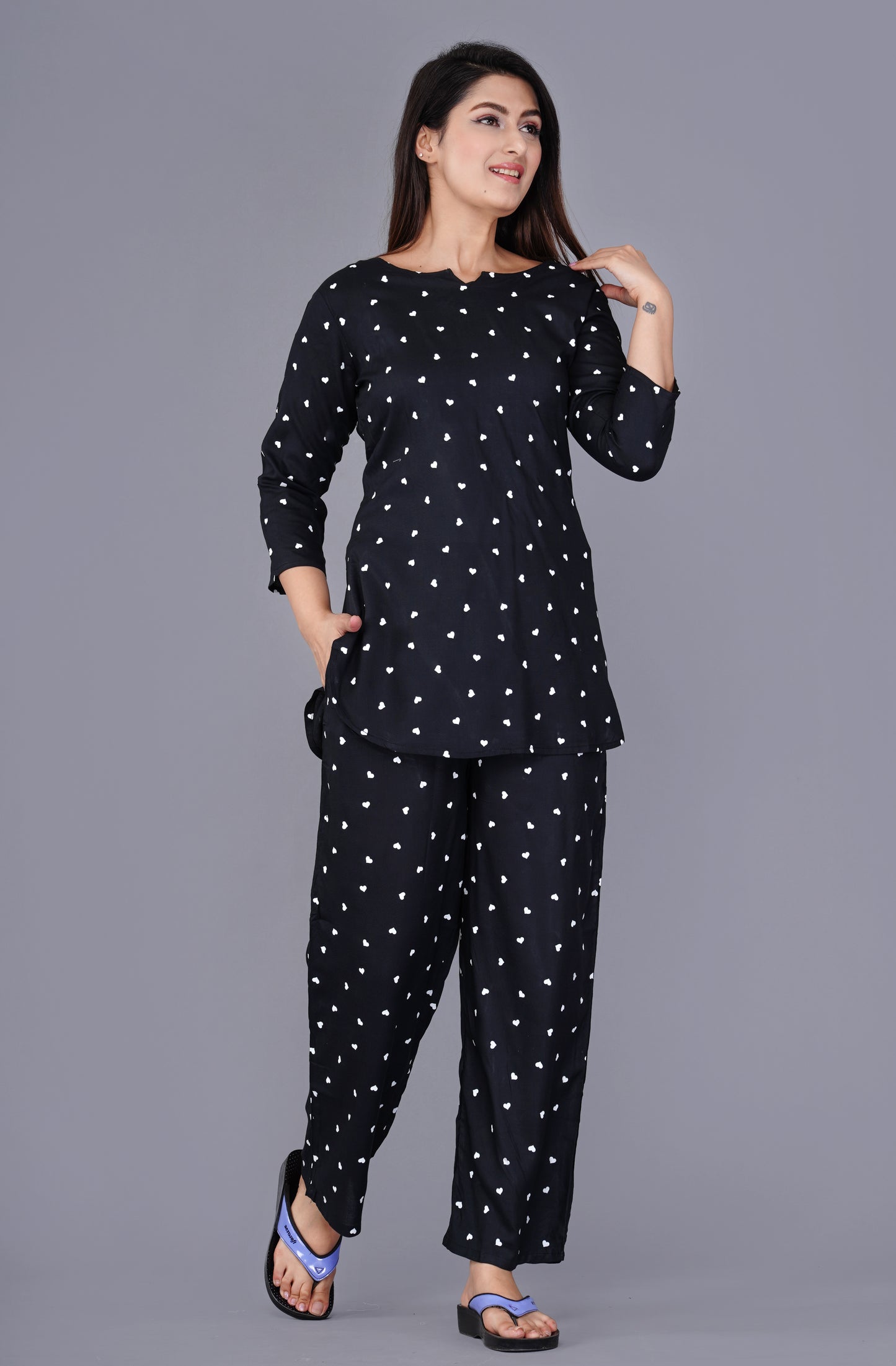 Conversational Printed Black Rayon Night suit
