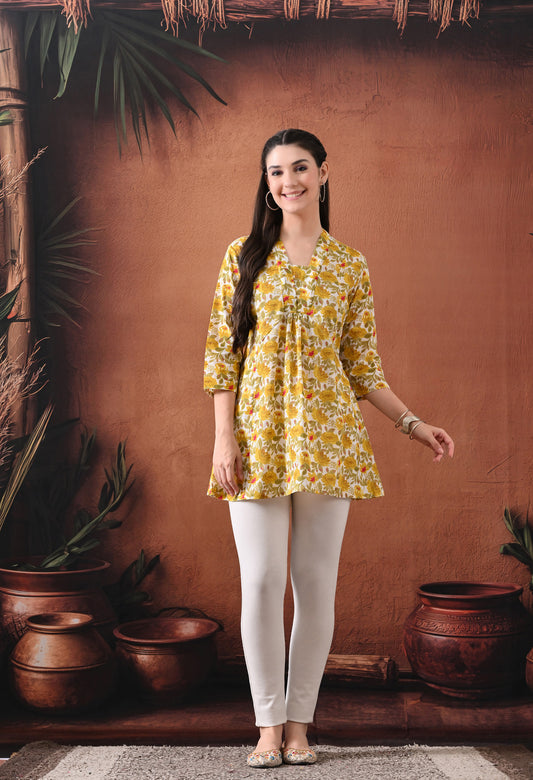 Floral Printed V-Neck Pure Cotton Kurti